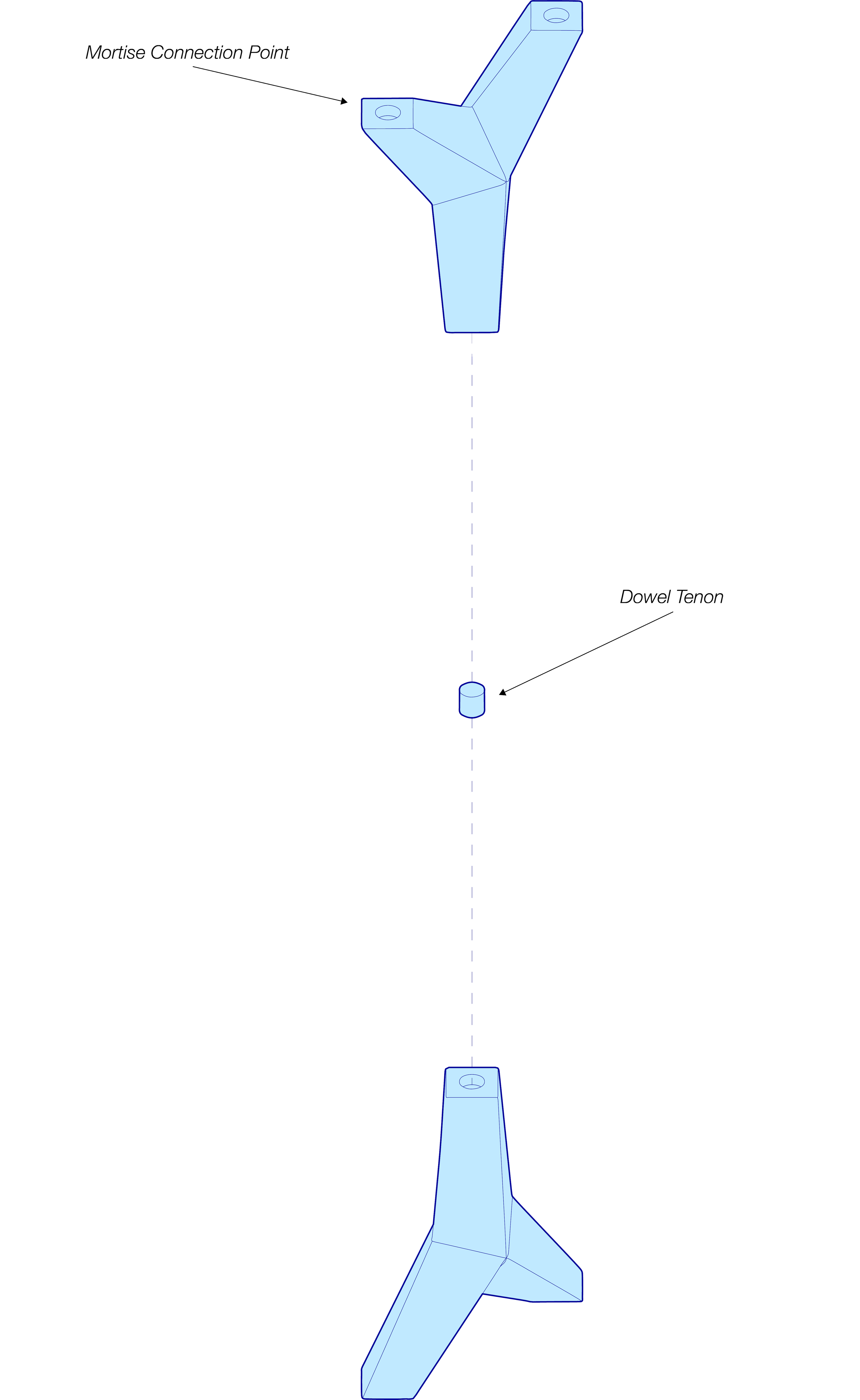 Exploded mortise and tenon connection diagram showing module to module connection.