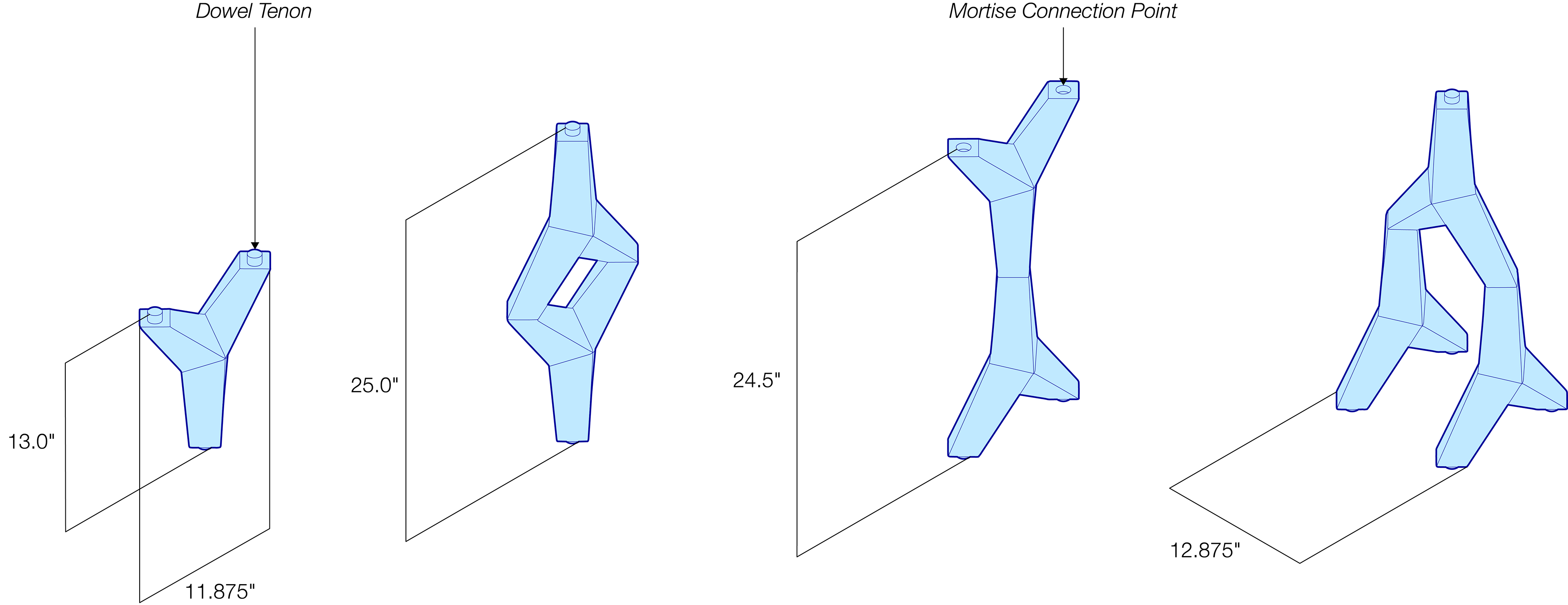 Various arrangements of module to module connection afforded by mortise and tenon connections.