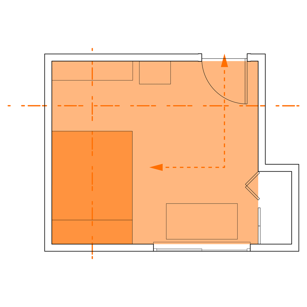 This illustration consists of five distinct lines. The private zone line lies in the lower left corner, while the dashed symmetry lines can be seen directly above it. The circulation line is shown as a thicker, dashed line with arrowheads on either side. The outer line of the room that demarcates its space has a scalloped texture with thick end caps. The symmetry lines are made into irregularly dashed lines with different end caps on either end with asterisks on the top and triangles on the bottom. The private space line becomes a series of spheres, while the circulation line becomes a wide dashed line.