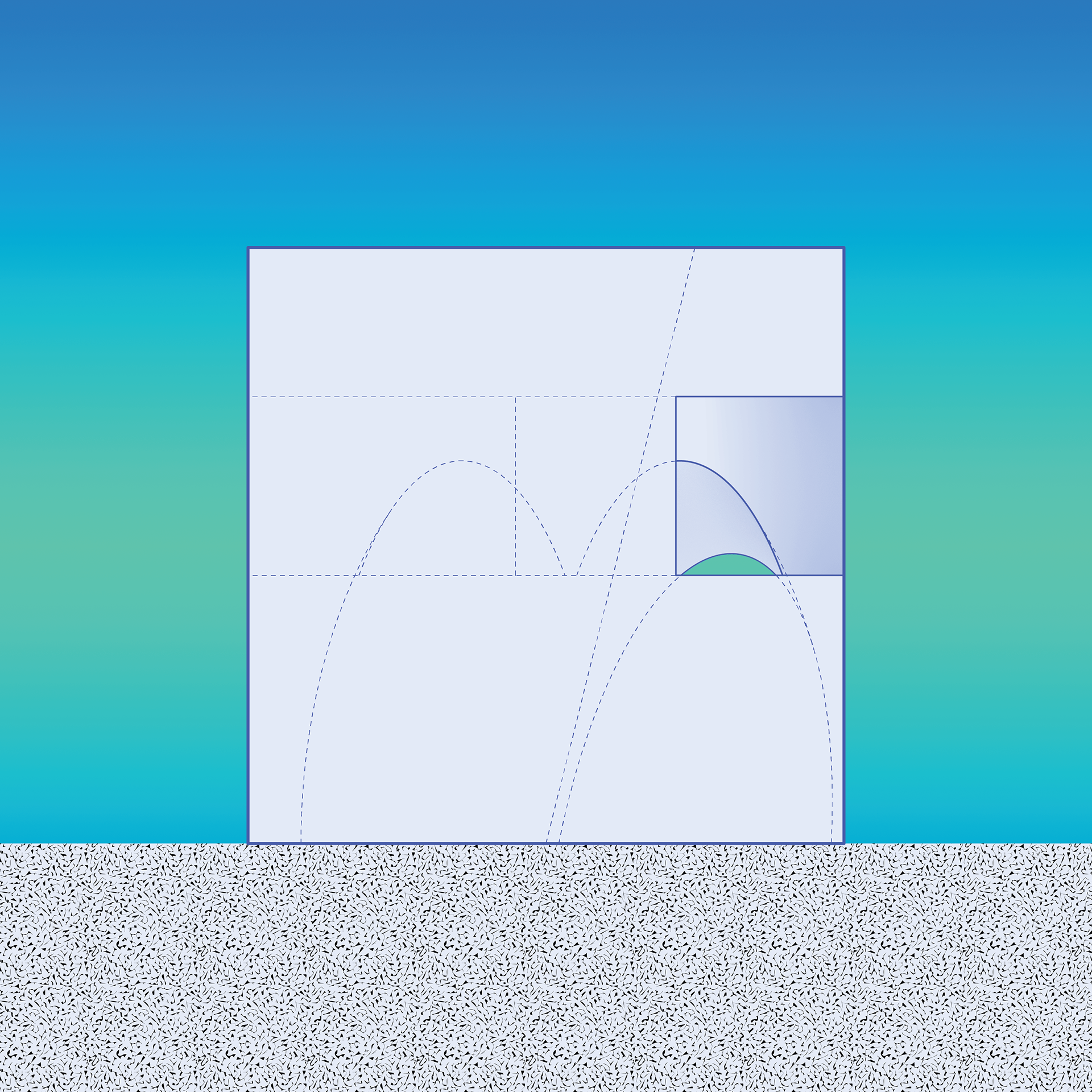 The elevation view highlights the rectangular window while also allowing a glimpse of the oval-shaped doorway. The domed ceiling created by the ellipsoid shape is visible in the outline of dashed lines.
