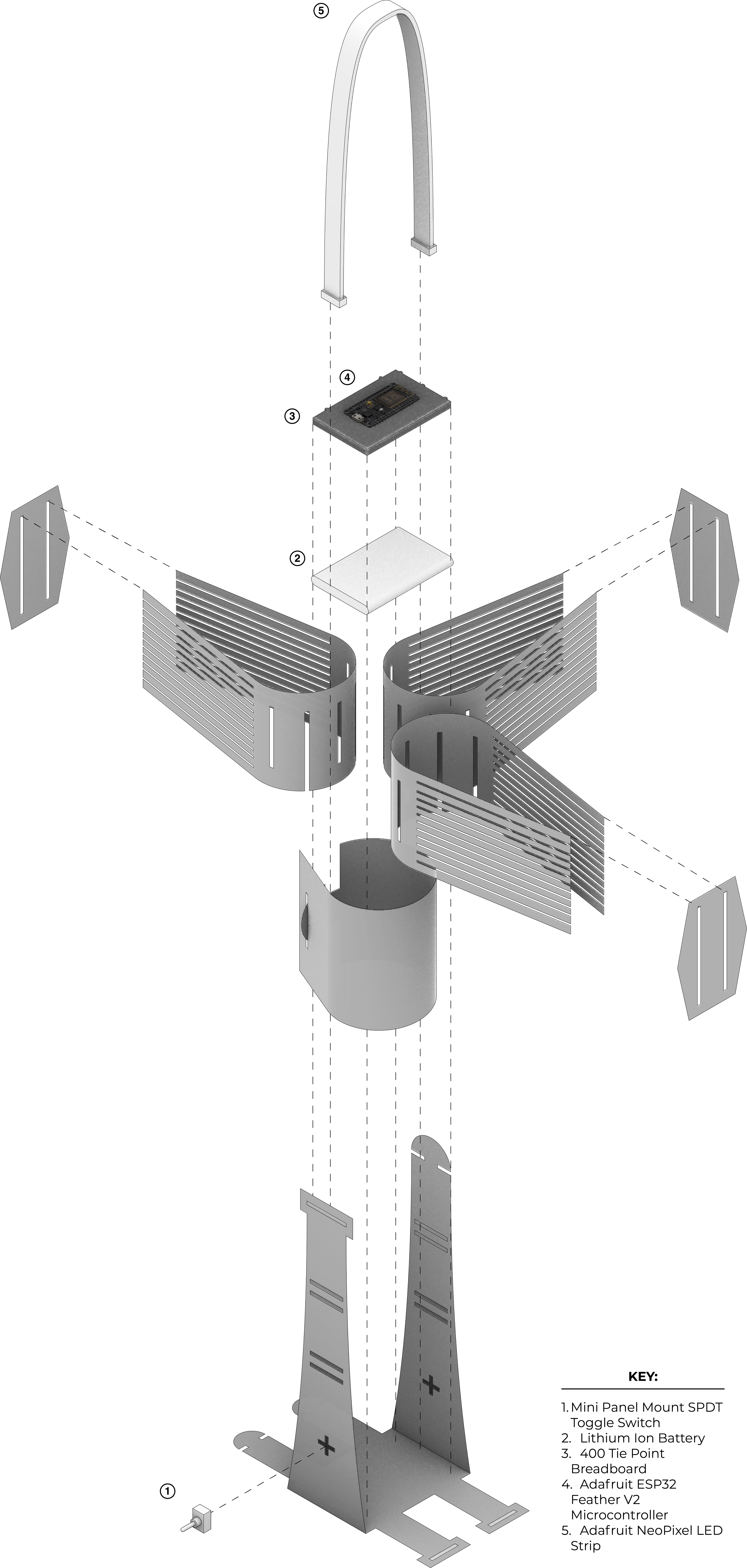 Exploded axonometric view of the components.