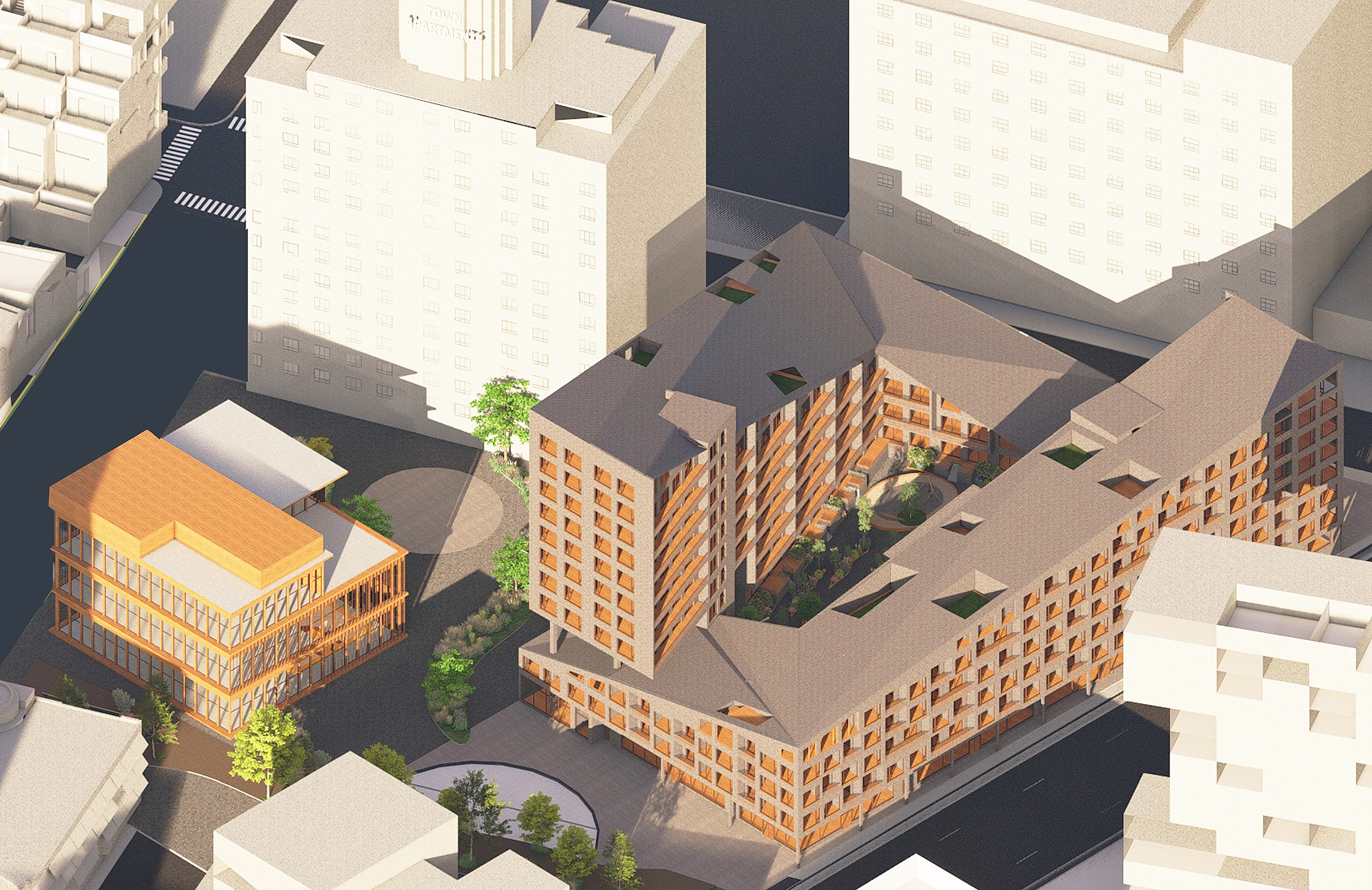 Aerial view rendering of the apartment and recreation center.