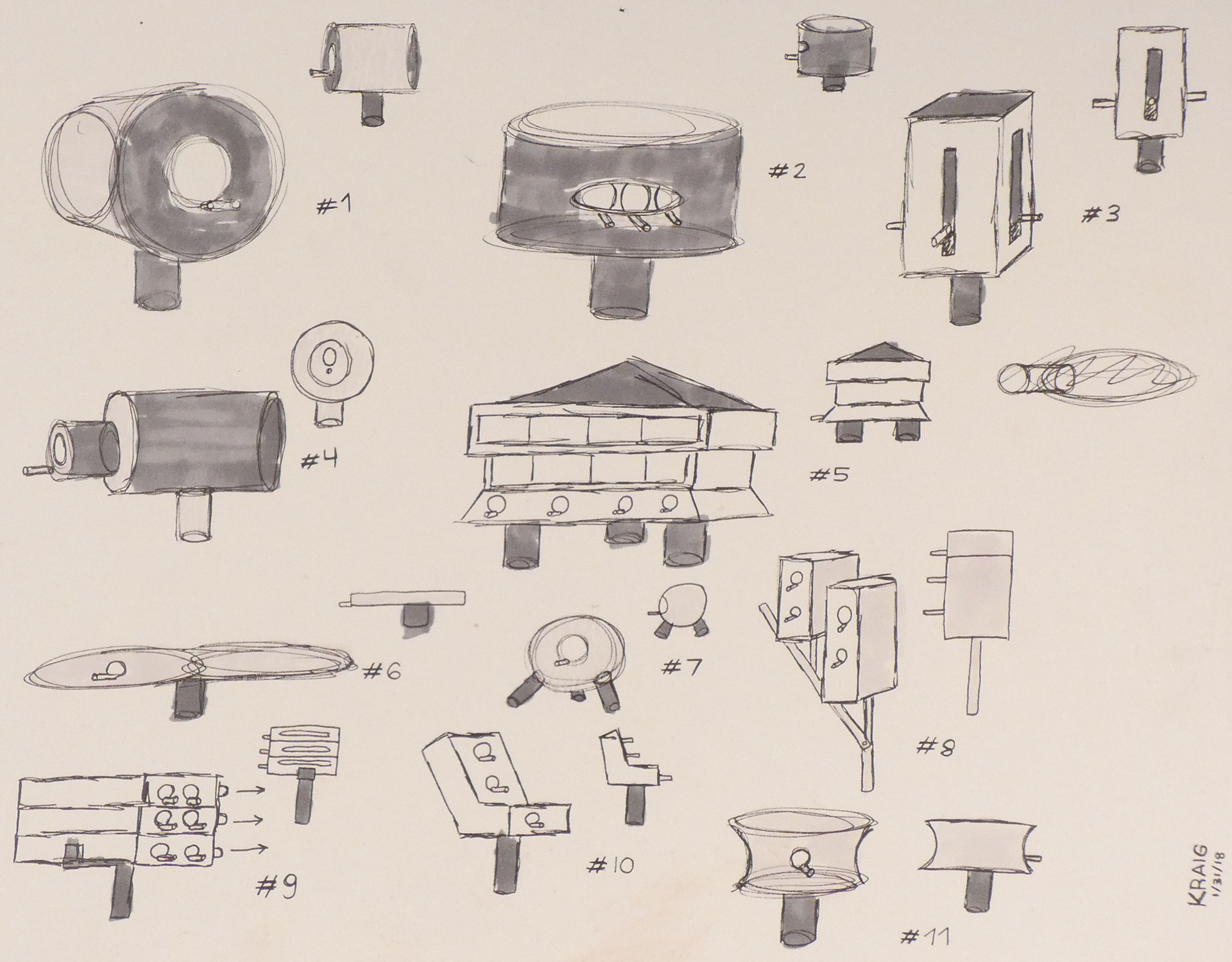 A second set of birdhouse ideation sketches.