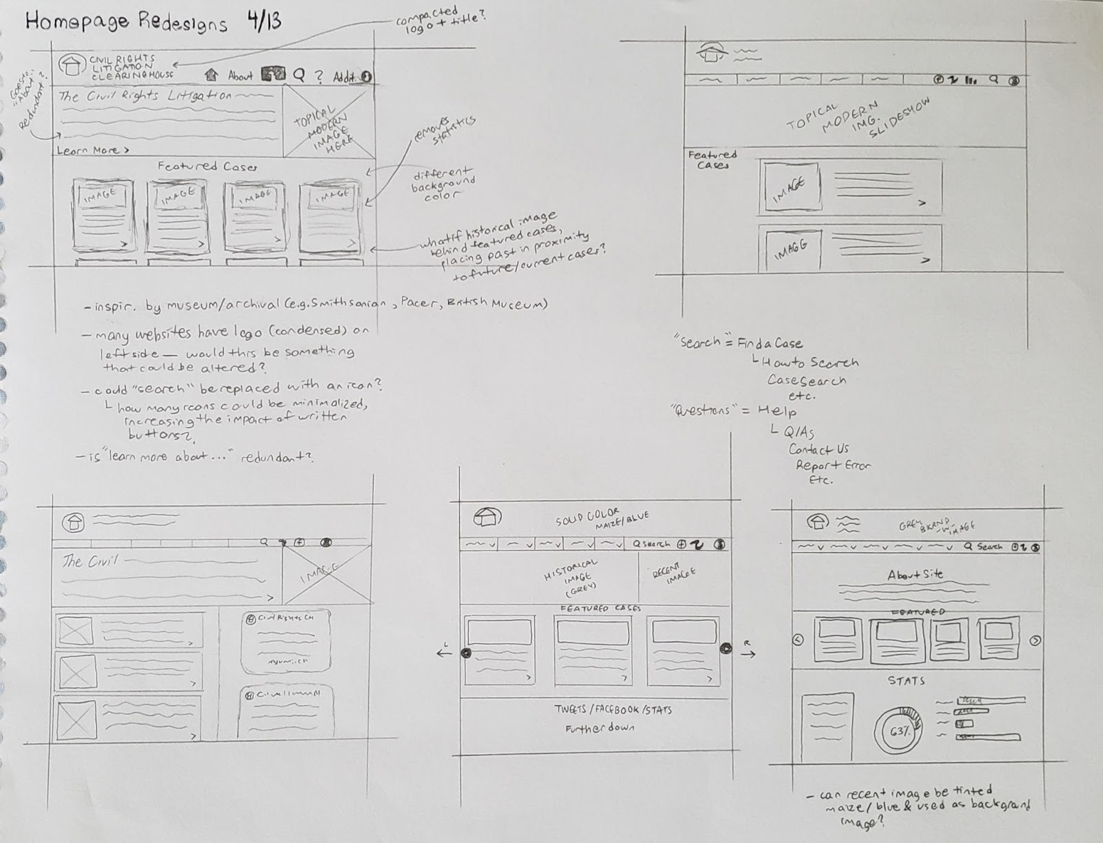 Initial sketch that addresses the homepage redesign.