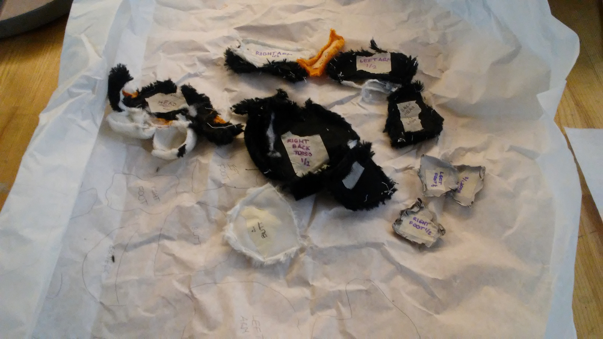 Another process image showing the knolled fabric panels from the penguin.