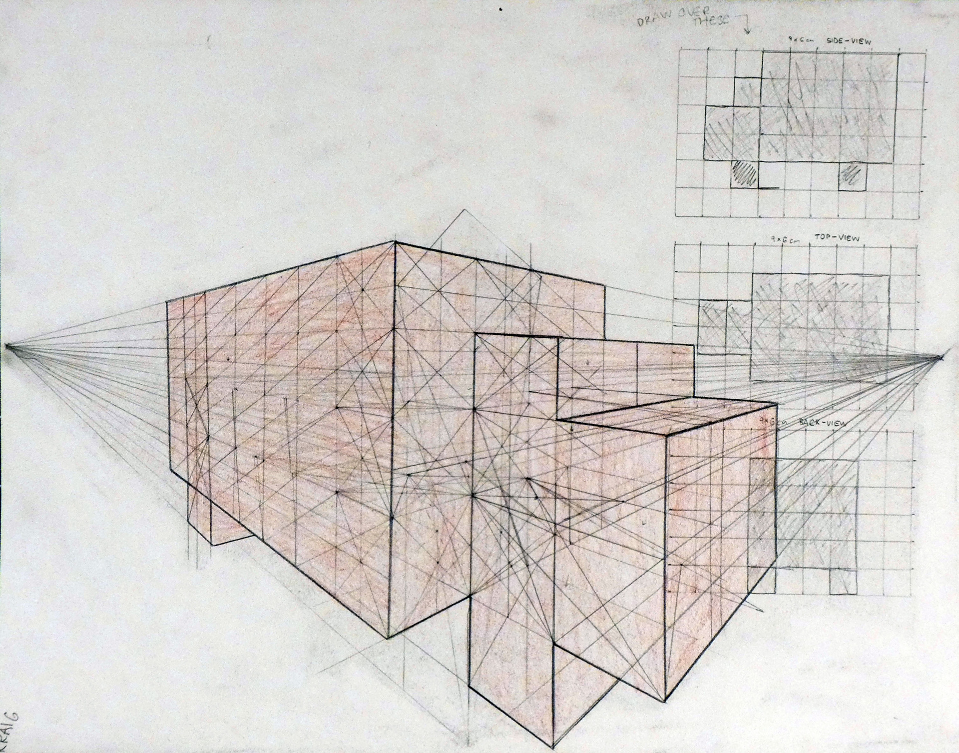Bread Truck (2017) Instructor: Bill Burgard. My piece, titled “Bread Truck” is my take on creating an extremely abstracted geometrical form from everyday life. The truck was based off of a refrigerator truck that happened to be parked nearby outside of the class window. Through the usage of two vanishing points, a dynamic perspective is created. This piece was drawn on colored paper using various colored and regular lead pencils.