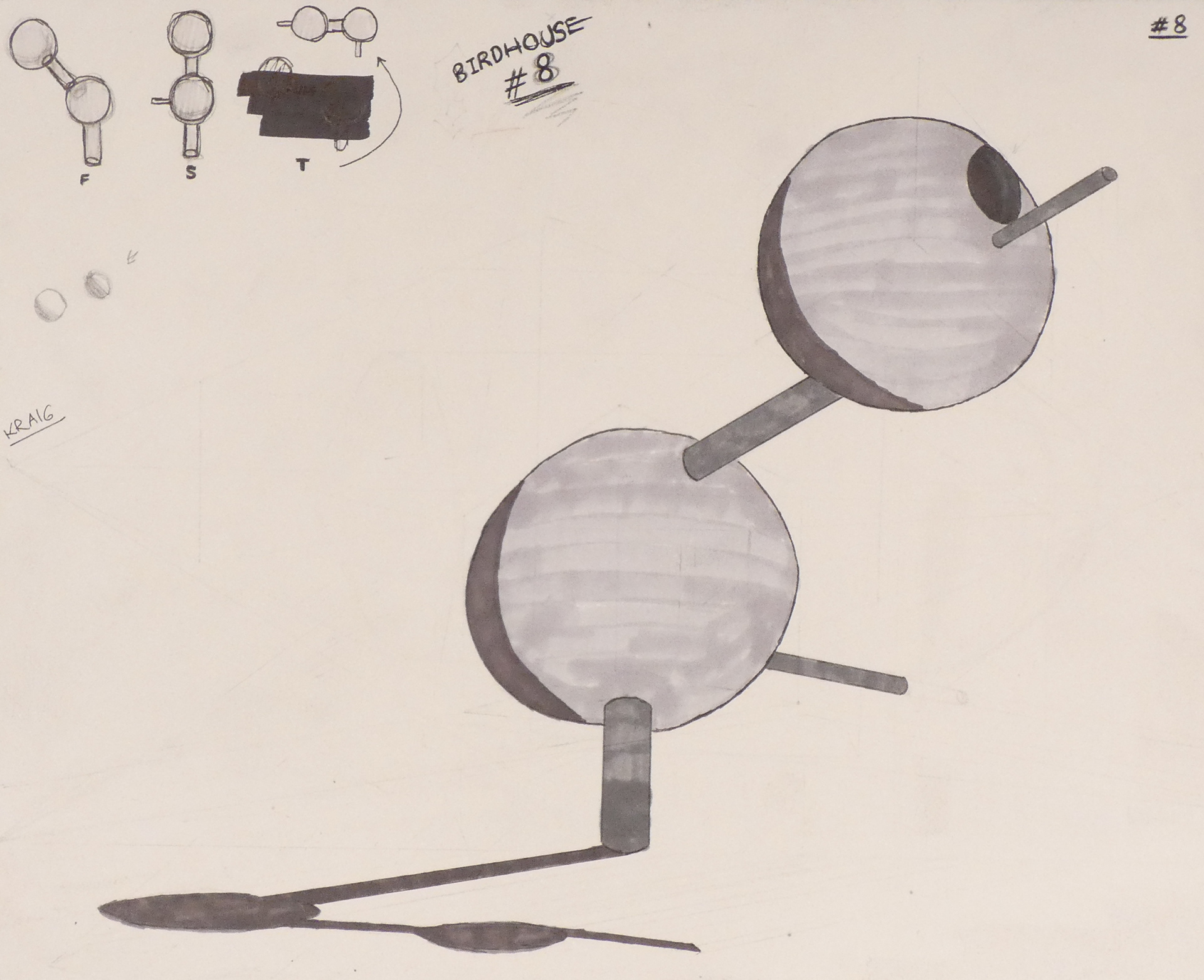 A more in-depth sketch showing a birdhouse from the second set of sketches.