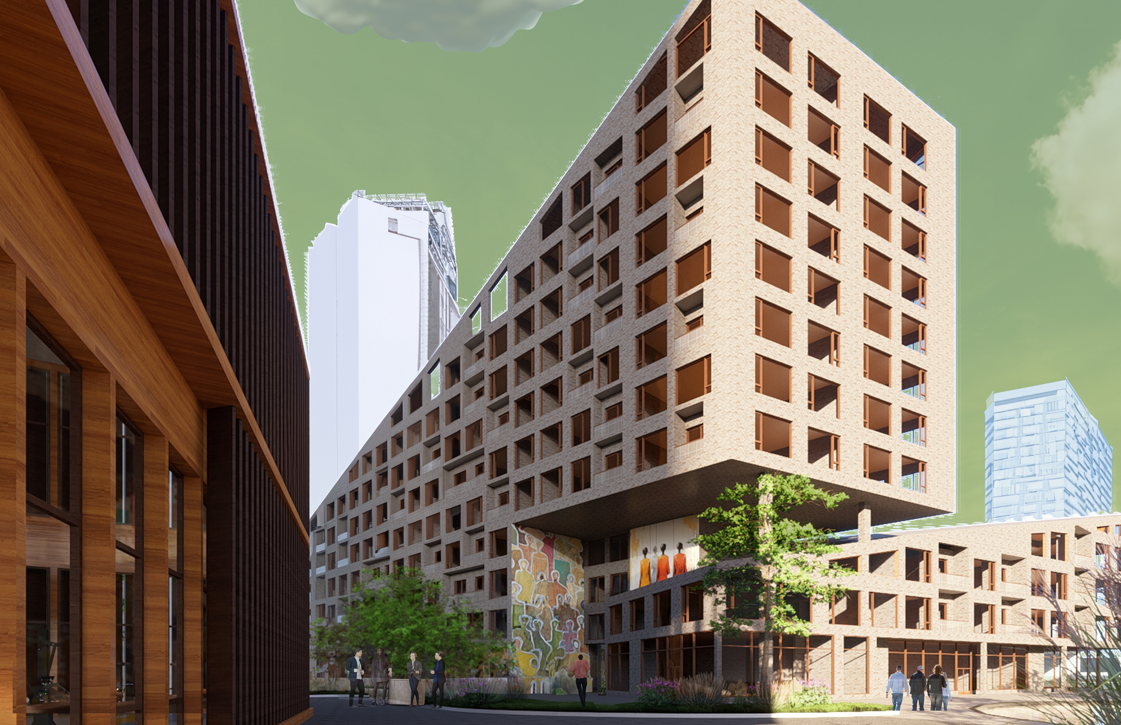 Rendering showcasing the entrance to the apartment with the recreational center in view.