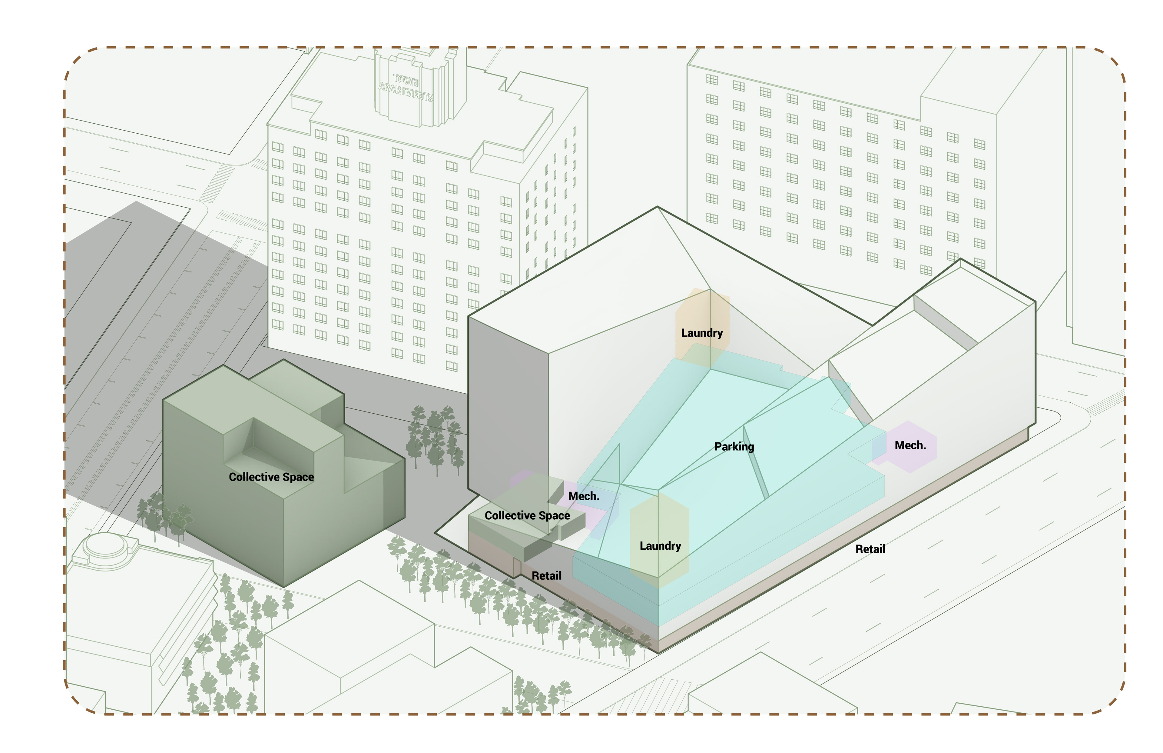 Diagram showcasing the collective spaces within the building.