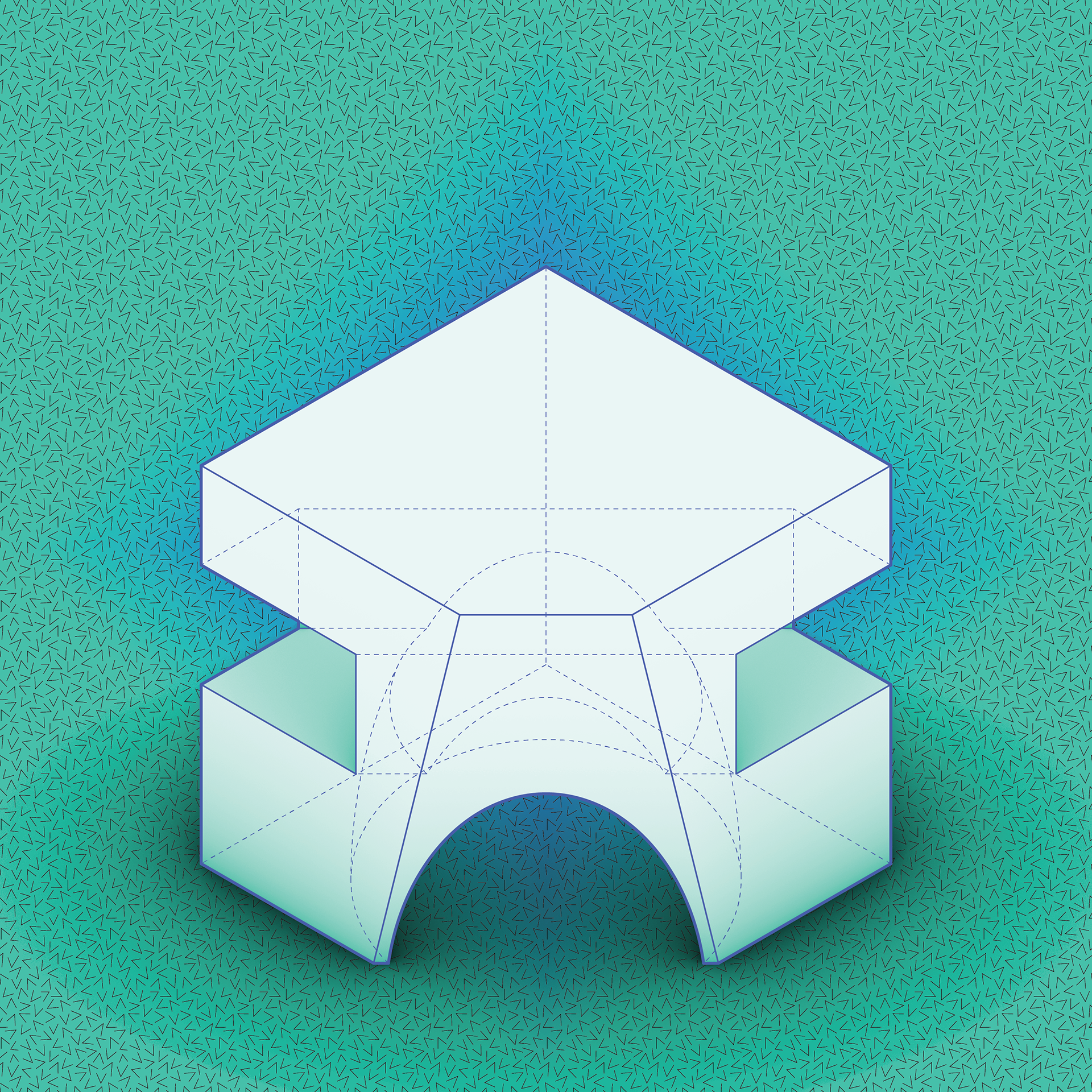 The isometric view reveals that the cubic form’s core has been extracted by an ellipsoid shape compressing its center from below—creating an interior space. The material on the frontmost face of the cube has been subtracted by a truncated, polygonal form—creating a doorway. The vertices of the cube on either side have been punctured by a rectilinear form resulting in windows.