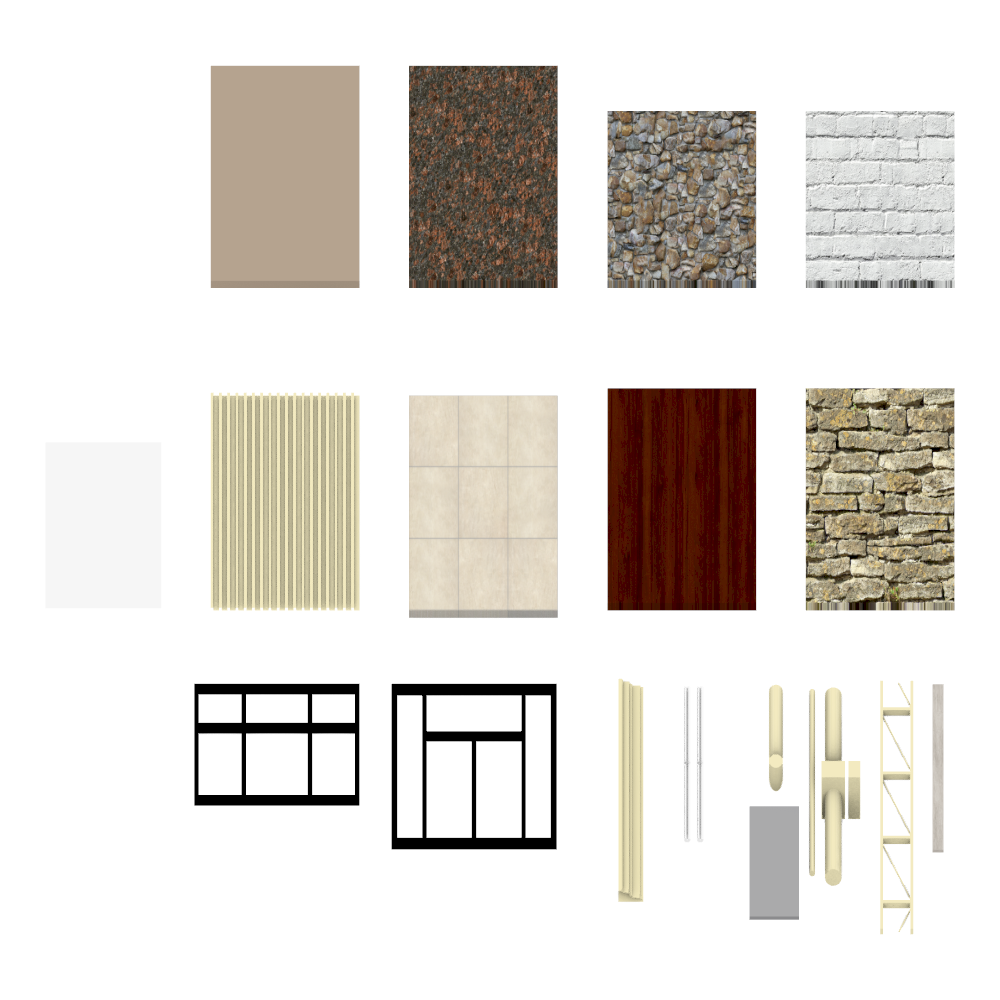 This illustration showcases the building’s kit of parts which includes: painted drywall, granite, cobblestone, painted concrete brick, glass, corrugated aluminum sheeting, floor tiles, wood, stone brick, aluminum door/window frames, HVAC ducts, piping, lighting fixtures, doors, trusses, and concrete window sills.