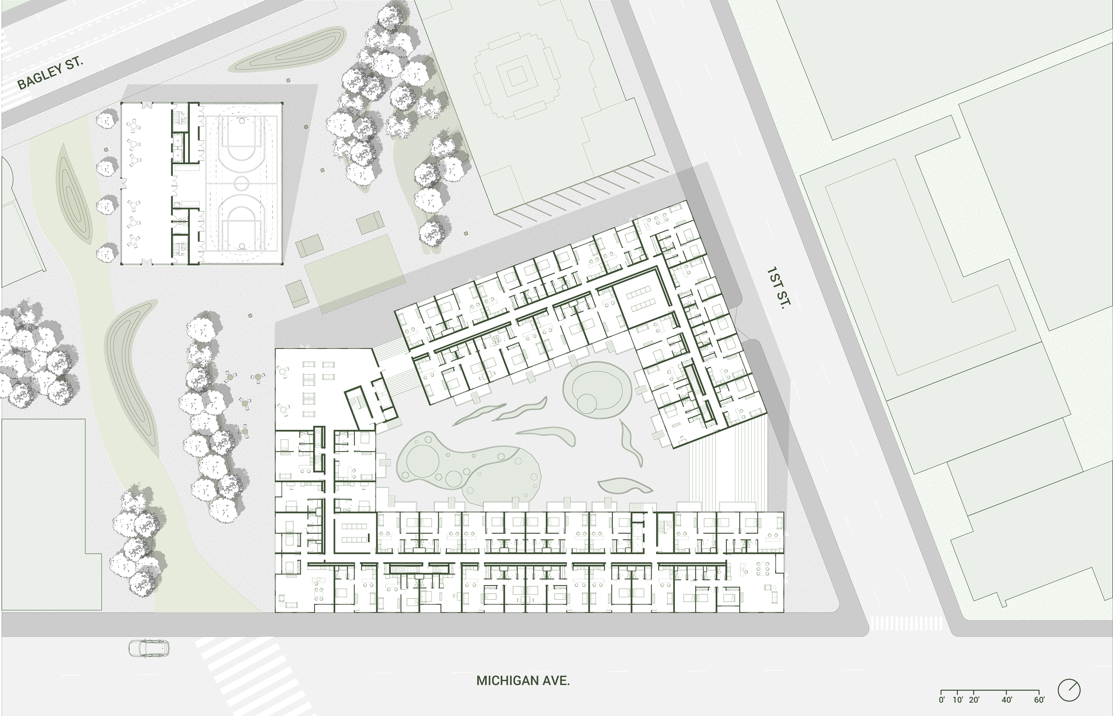 First floor plan showcasing the internal courtyard.