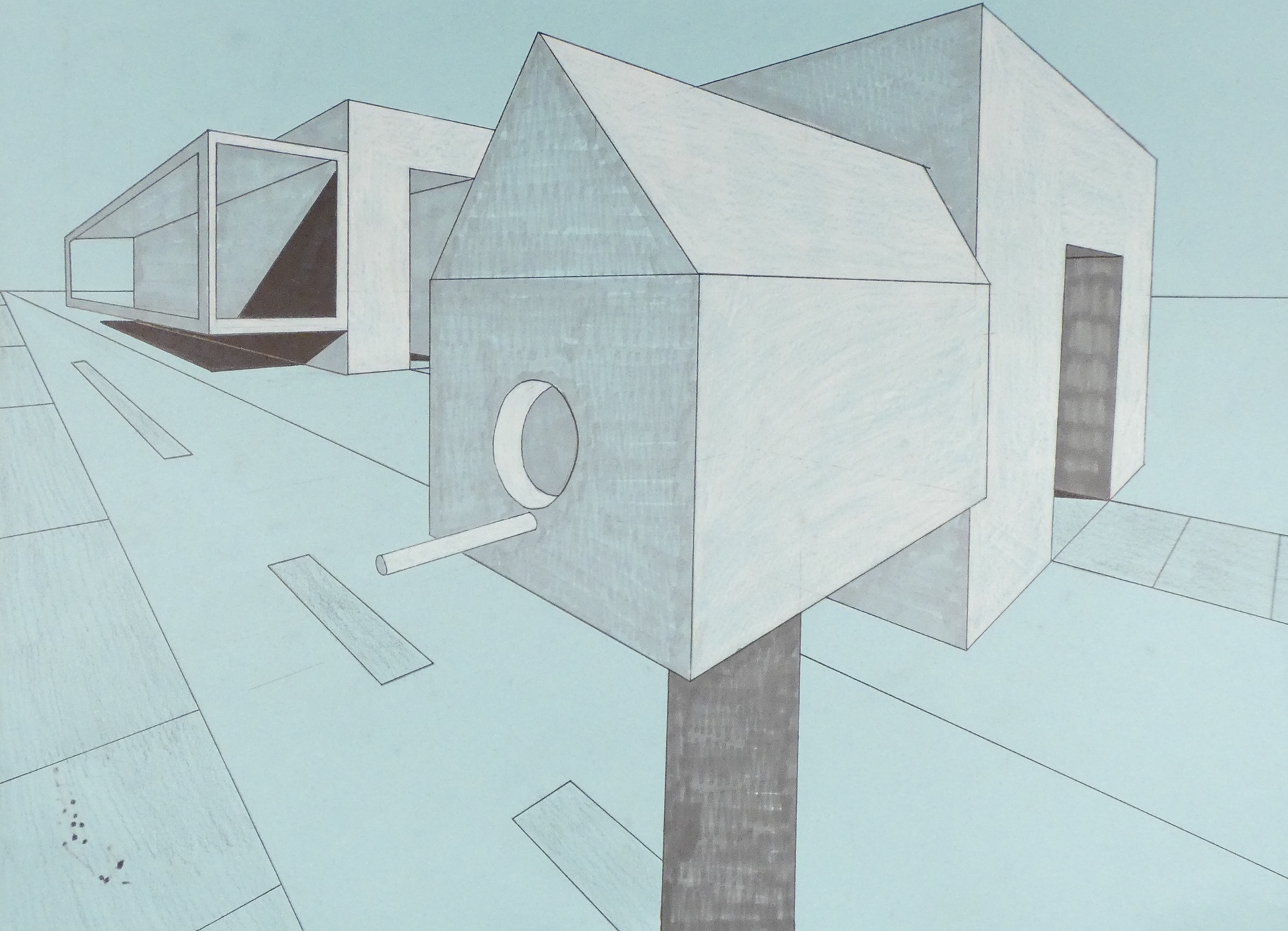 A perspective sketch of a birdhouse with surrounding buildings for context.