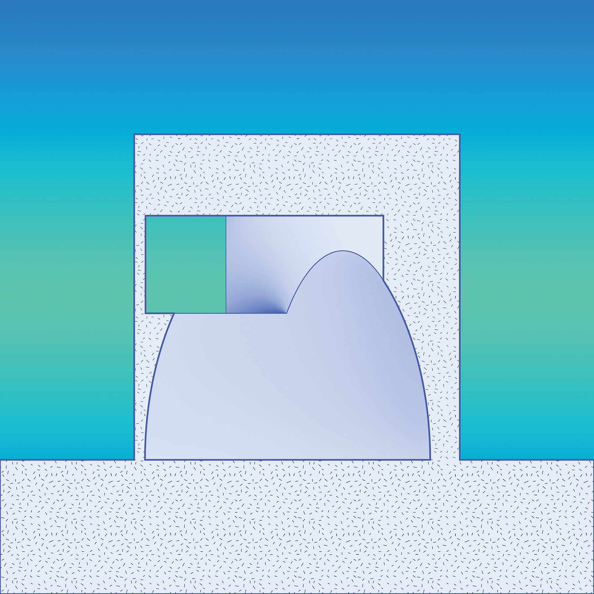 The section view showcases the thickness of the structure’s walls, the balcony created by the rectangular form, and the arched ceiling created by the intersection of two varied geometrical forms. Further back, the interior wall of the structure is visible.