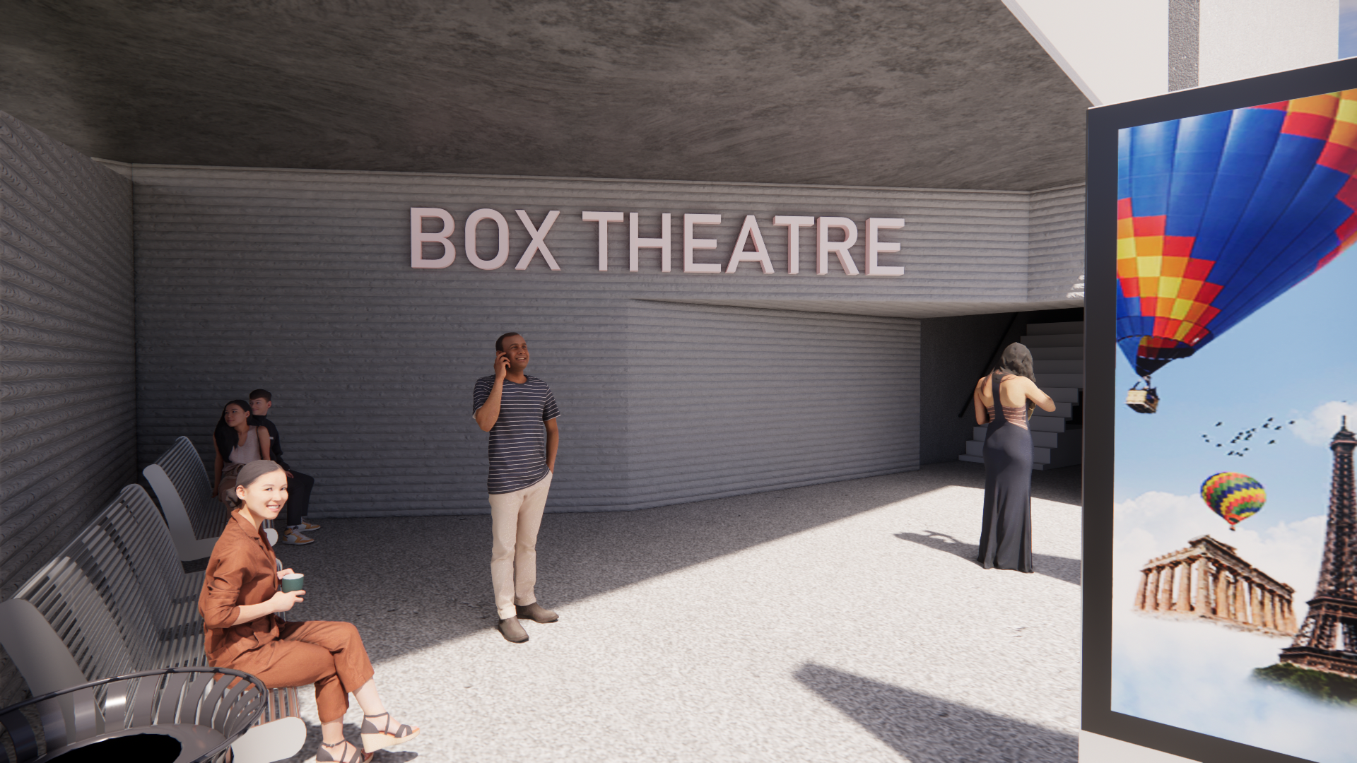 Daytime view of the rear entrance and marquee.