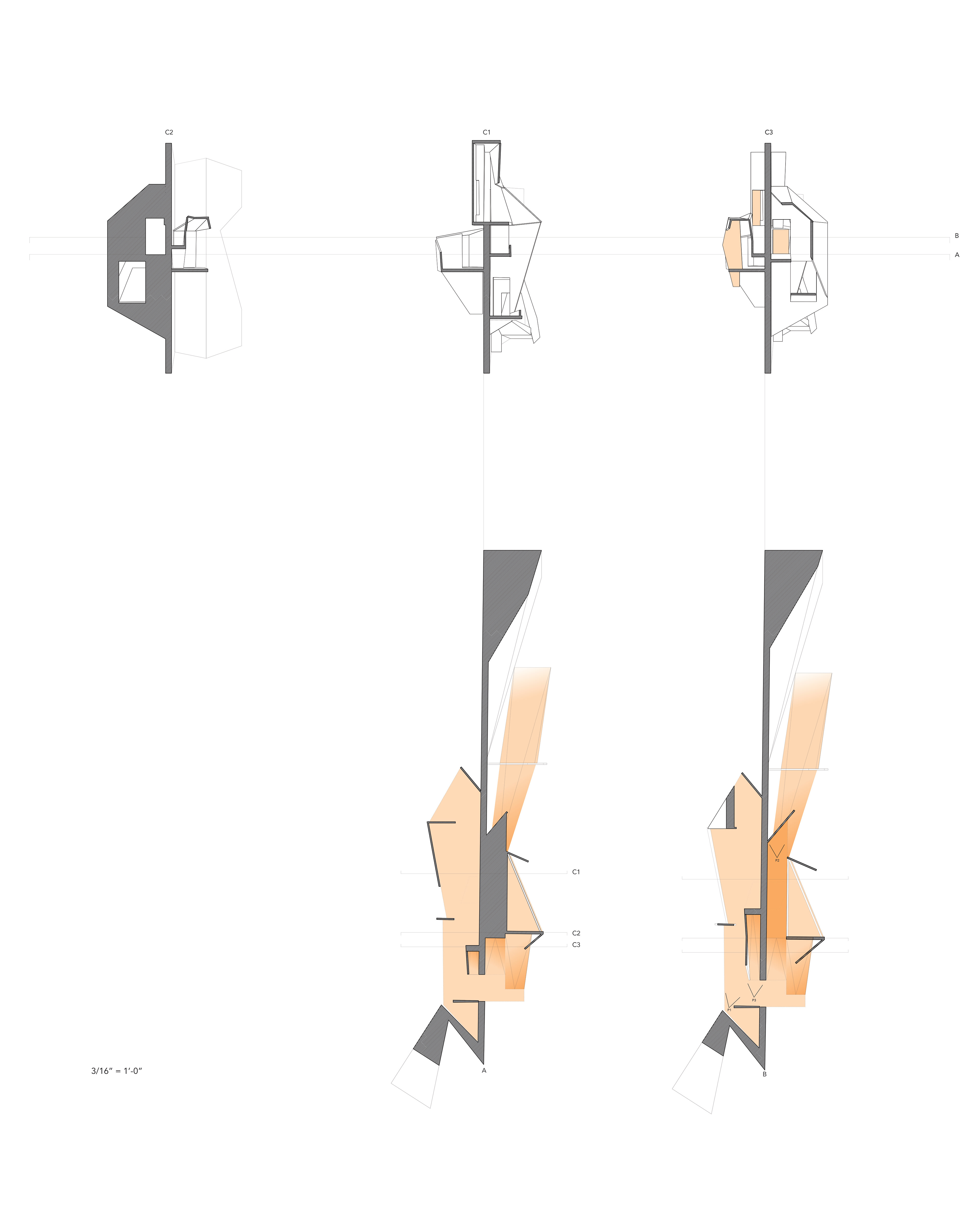 Vertical and Horizontal Sections of the Wall Project, 2020, Instructor: Yojairo Lomeli. These sections showcase the recurring gesture of one constantly being in a state of limbo between the interior and exterior.