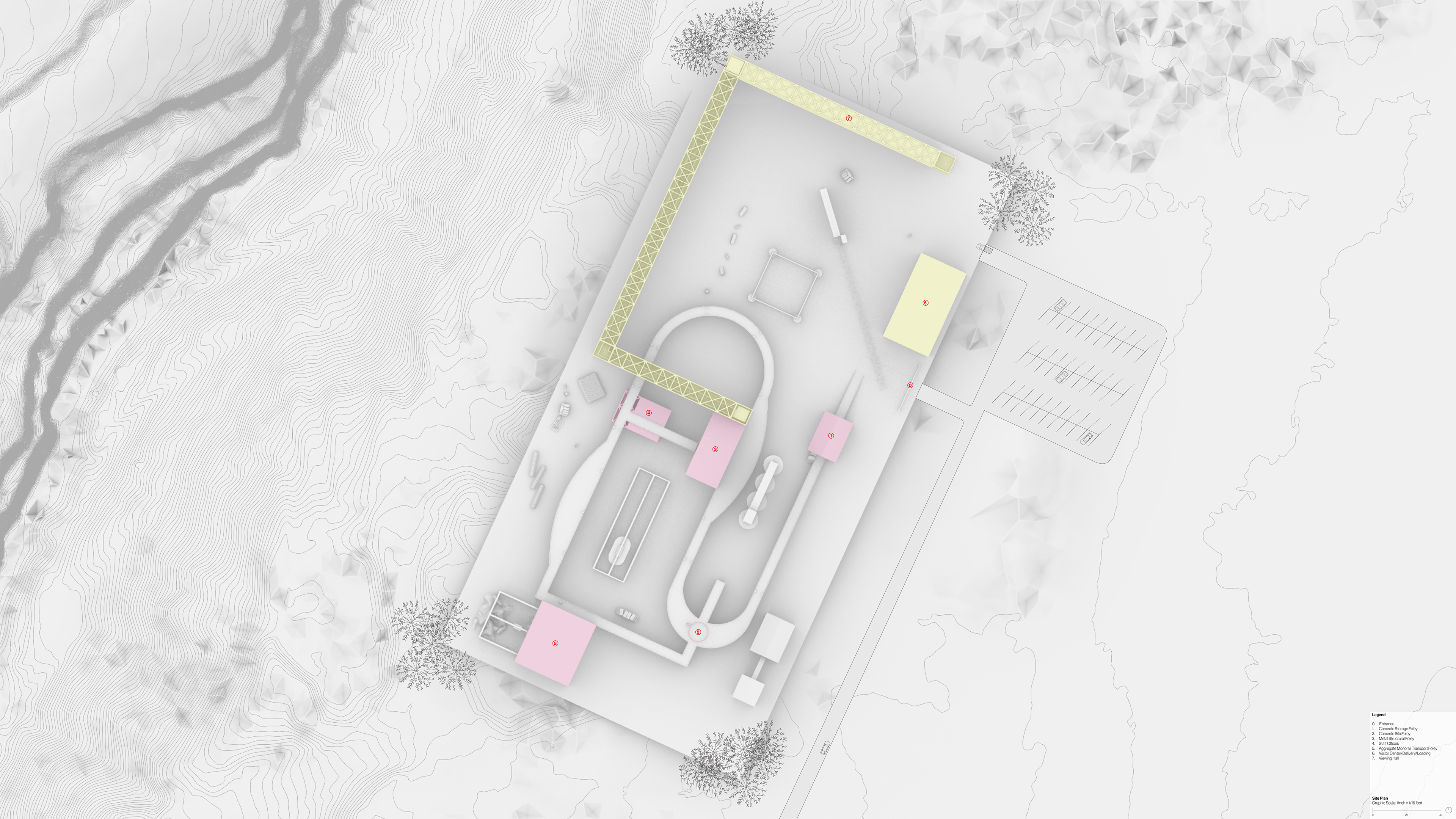 Site Plan showing visitor parking and the surrounding elevation of the Sibley Quarry.
