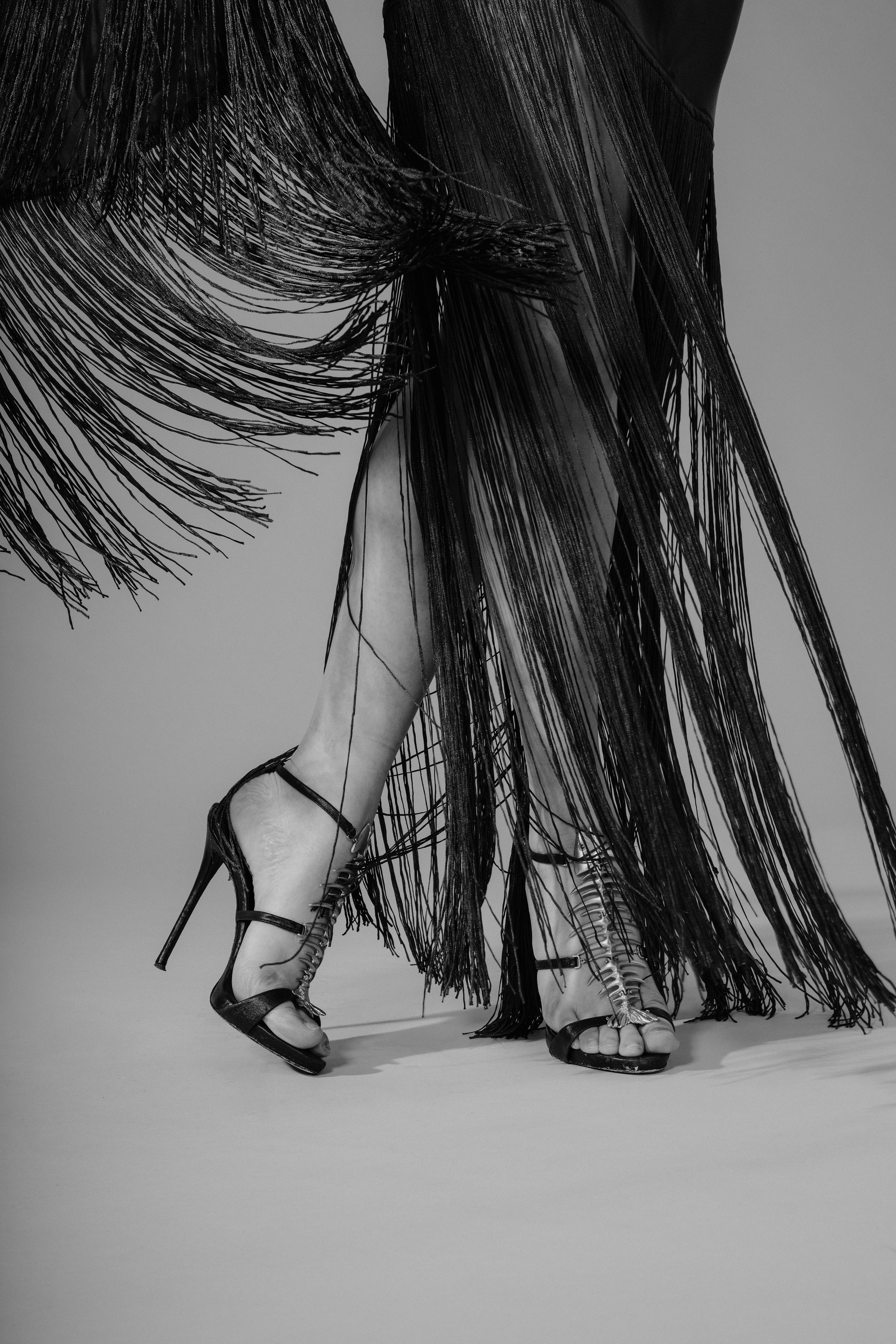 Dress: ASOS Design, Shoes: Vero Guoio Giuseppe Zanotti Design Fish Bone Strap Heels
