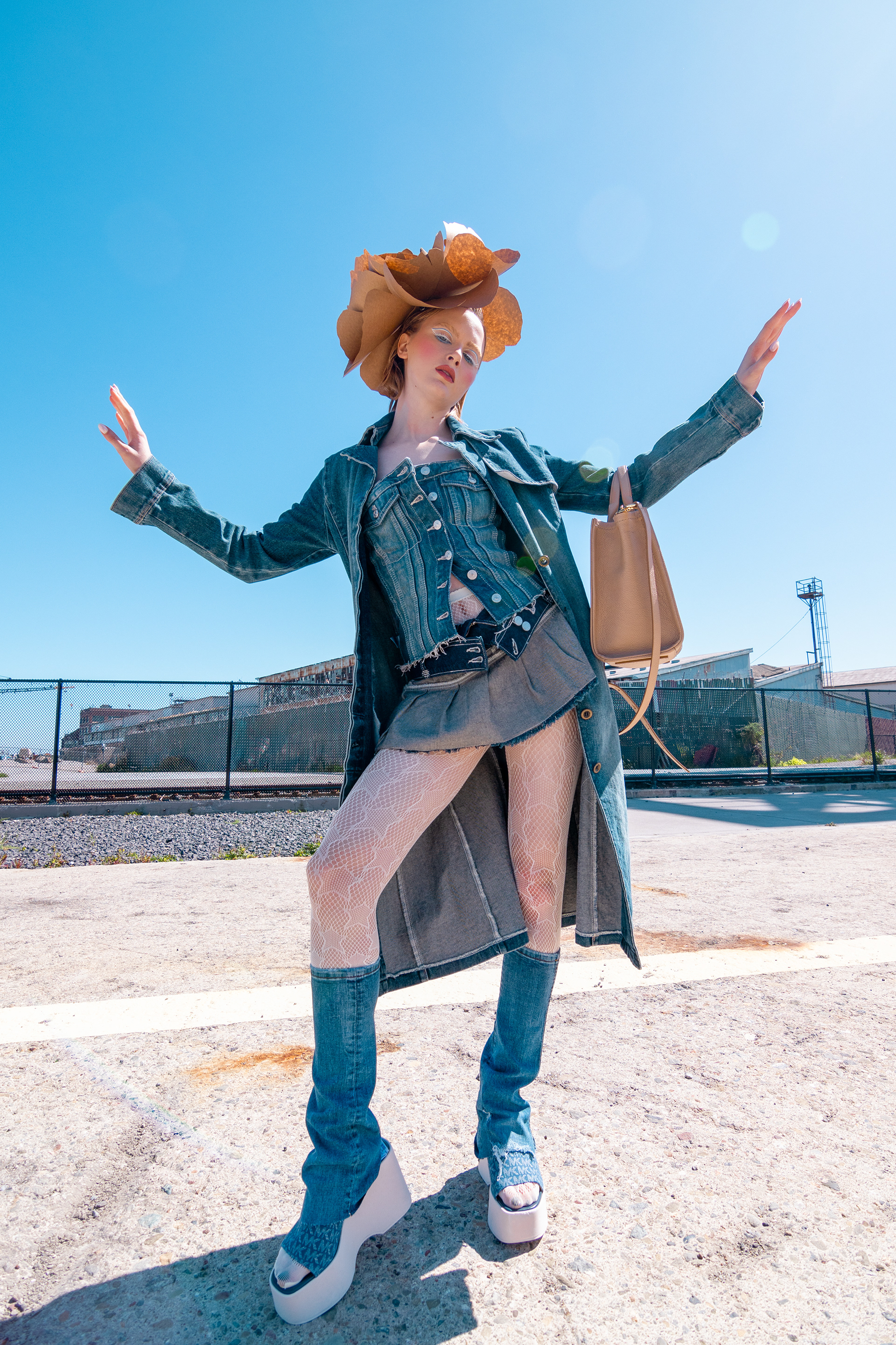Denim Corset Top: Zara, Denim Skirt: DBG, Denim Coat: Stylists Own, Shoes: Michael Kors, Denim Leg Warmers: Recycled Jeans, Handbag: Marc Jacobs, Headpiece: Handmade by Azhar Nur