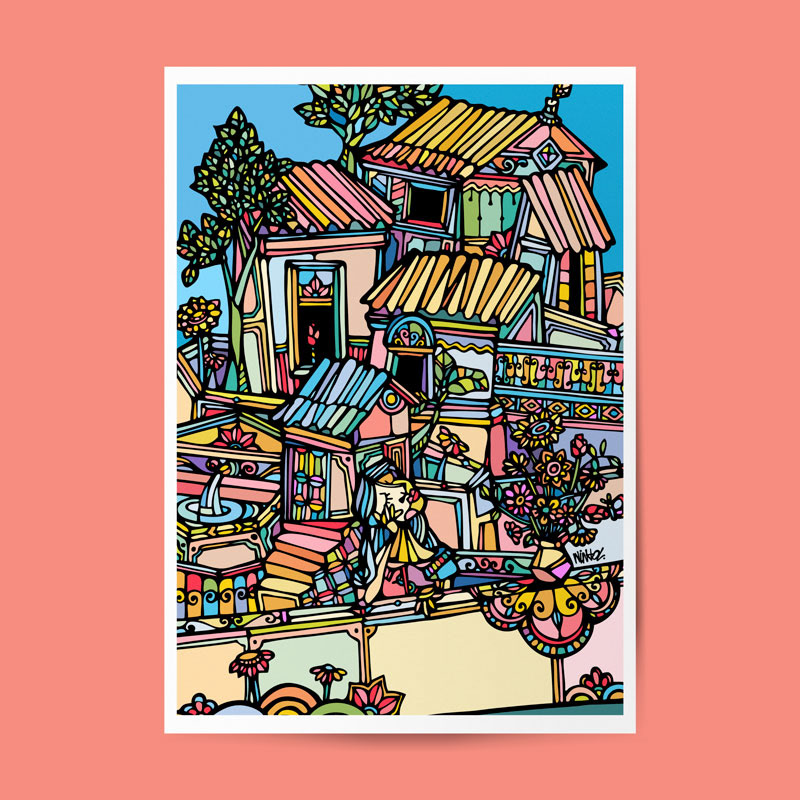 A woman in front of a house