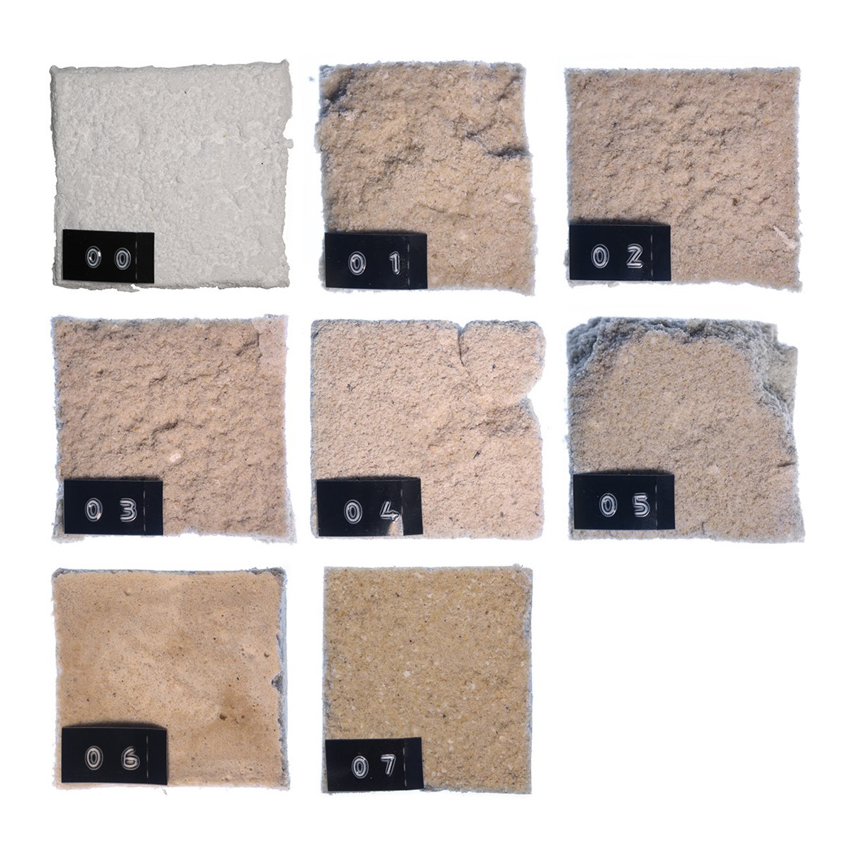 Samples of sandstone created through Microbally Induced Calcite Precipitation