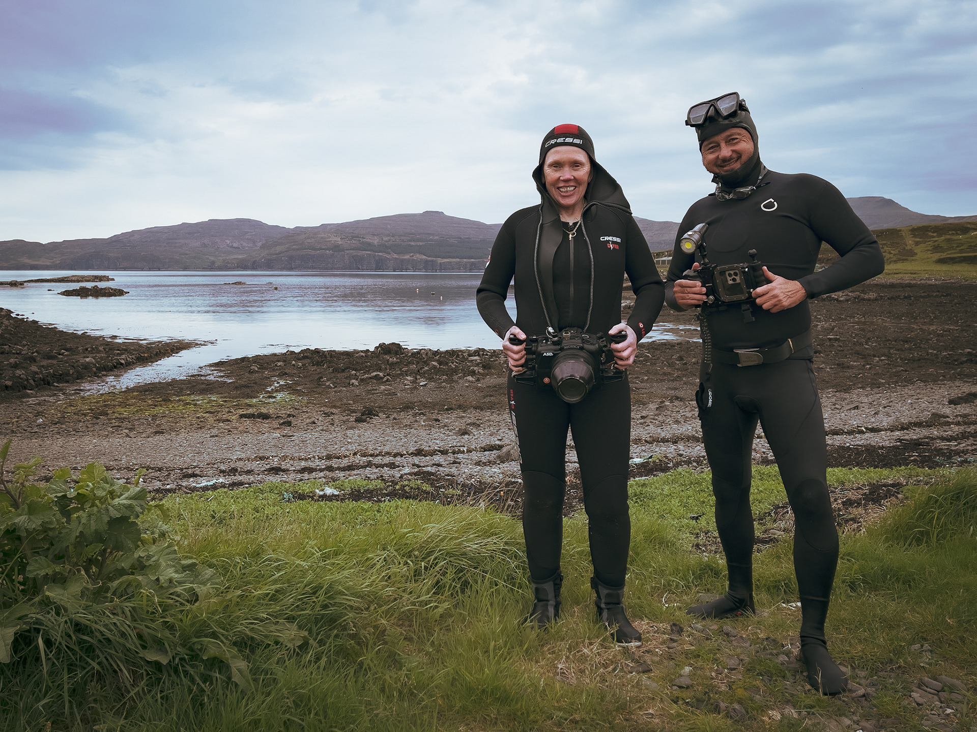 With underwater photographer Gill Williams, whom I documented in a film about her passion for protecting Scottish marine environments.