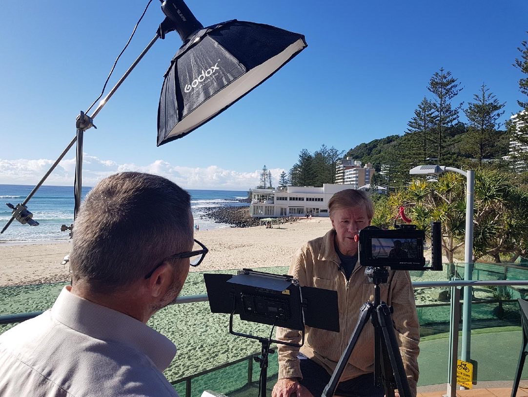 Two phones, two mics, and two lights to interview former world surfing champion Wayne "Rabbit" Bartholomew