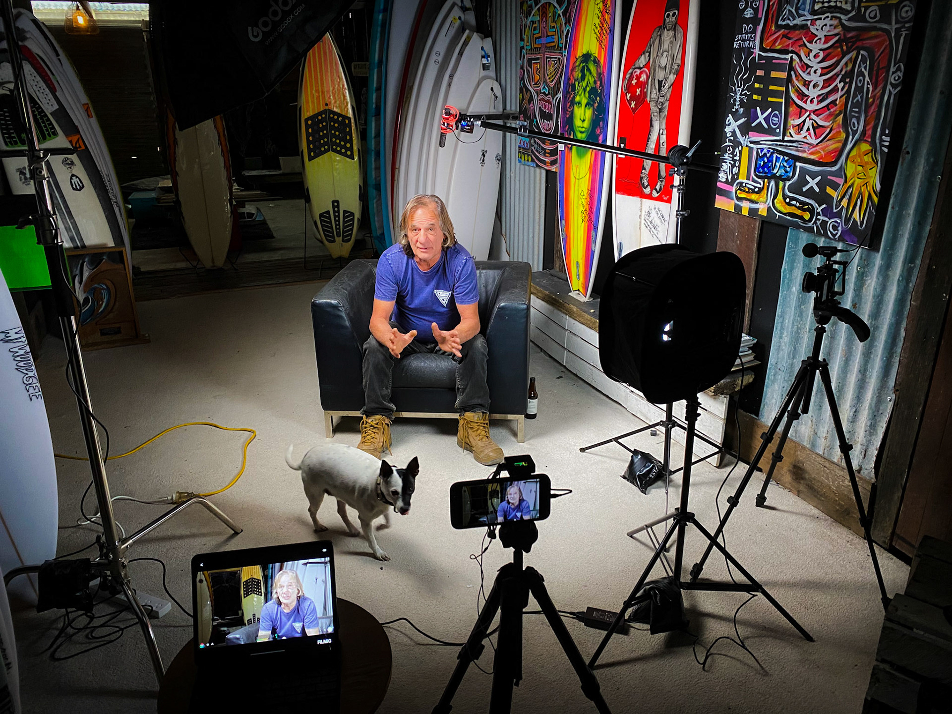 Two-iPhone camera interview set up with iPad for monitoring, with studio lights (and a dog)