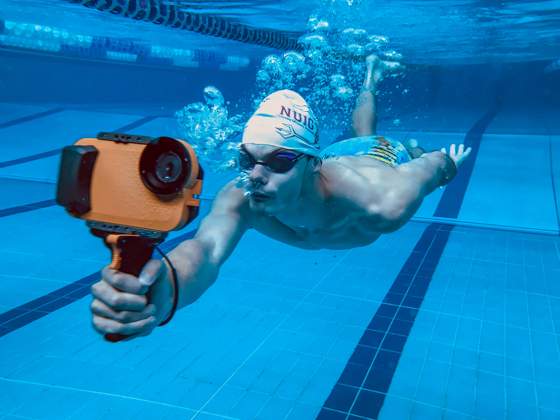 An Irish swimmer tries out the AxisGo at an underwater workshop I held at the National University of Ireland (Galway)