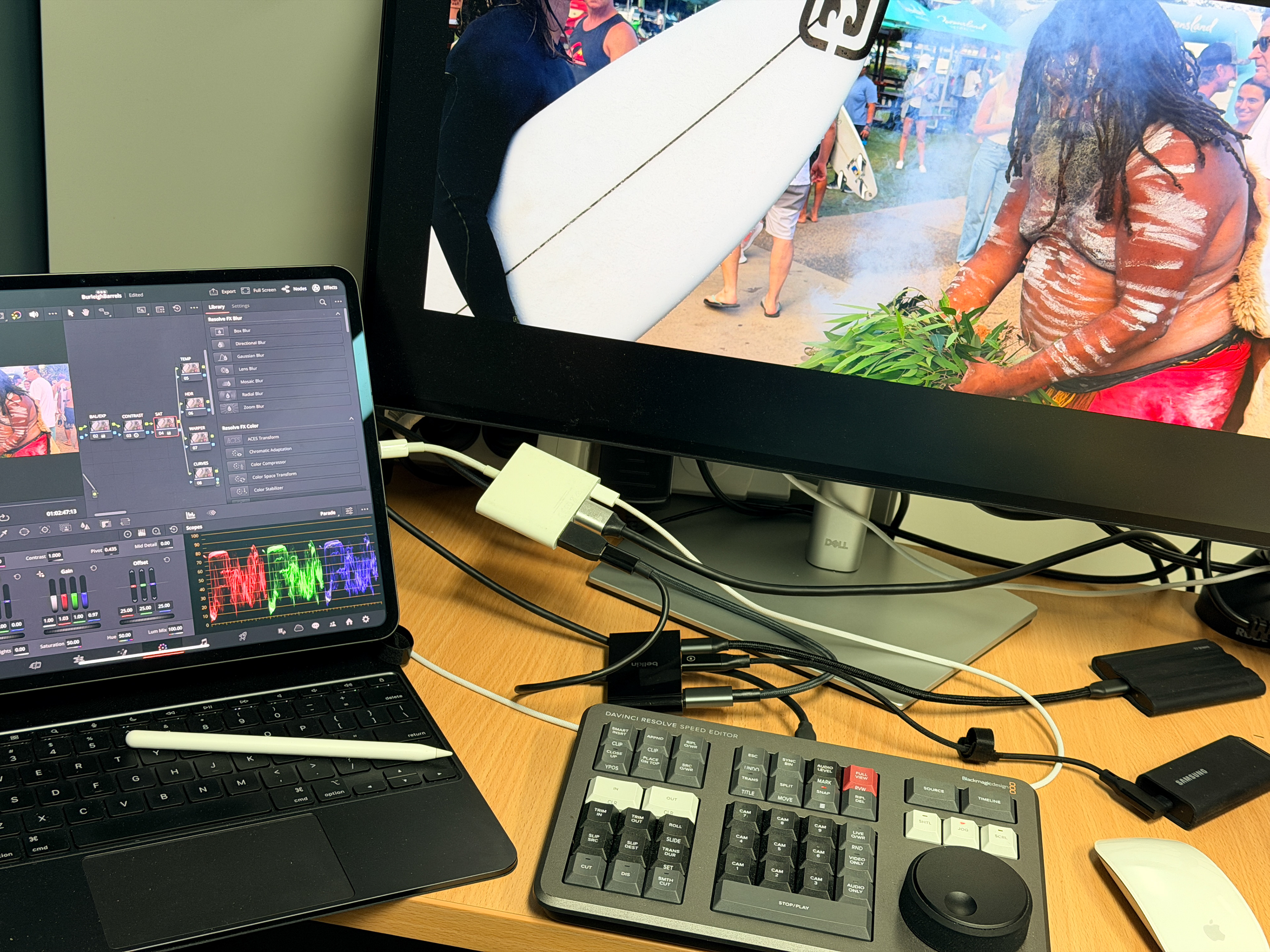 iPad Pro connected to 5k ext monitor, BMD Speed Editor & SSD drives via Belkin USBC hub and Apple HDMi adapter