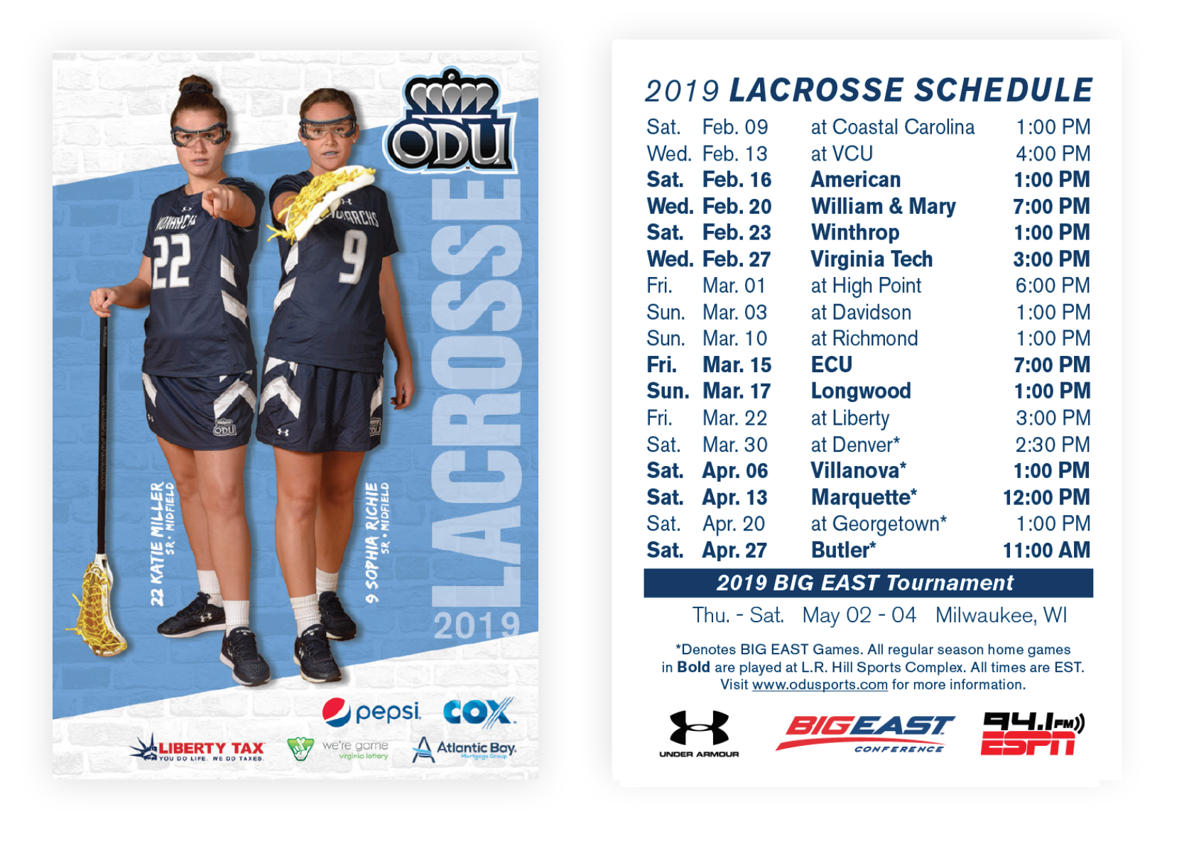 2019 Lacrosse Schedule Card