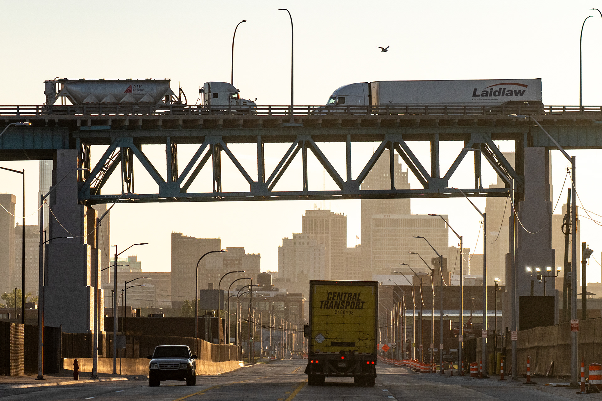 Trucks cross the Ambassador Bridge in Detroit on Tuesday, Aug. 25, 2026. Canada is preparing to impose retaliatory tariffs on a range of U.S. goods after trade negotiations between the two countries broke down.