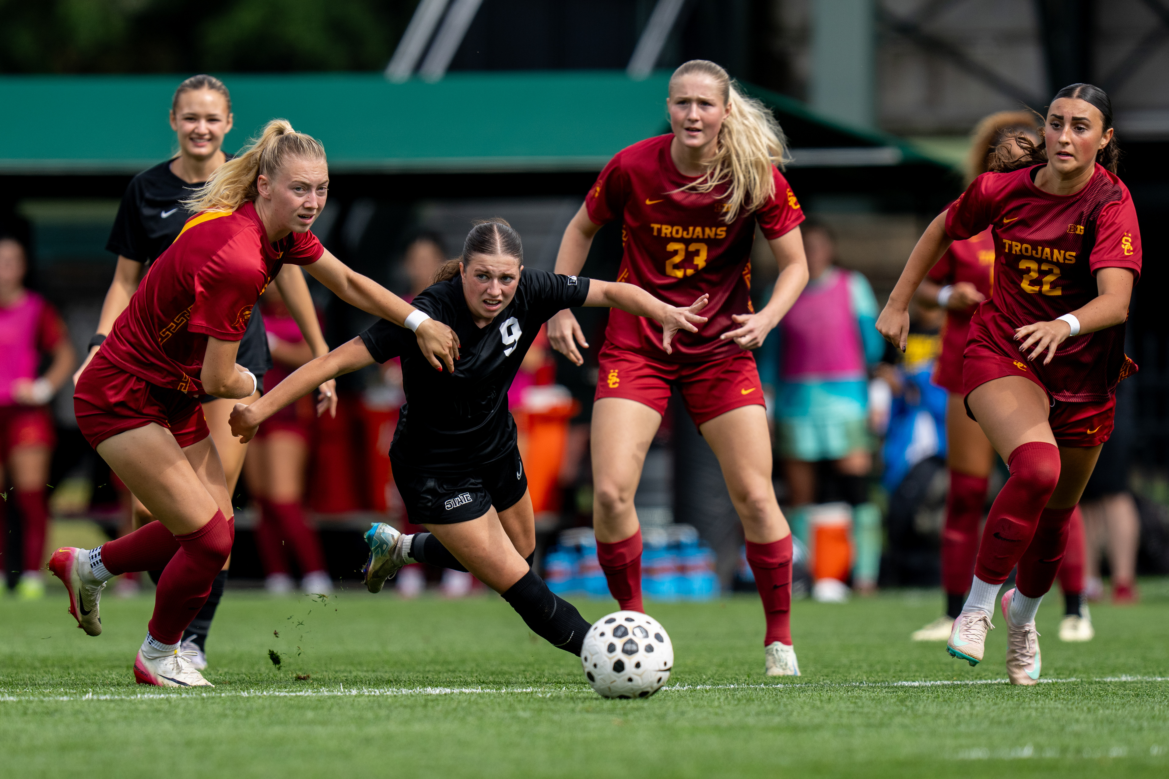 MSU midfielder, Kayla Briggs (9) strides down the field during the MSU versus USC Women's Soccer game at Michigan State Universities DeMartin Soccer Stadium on Sunday, Sept. 21, 2025. 
