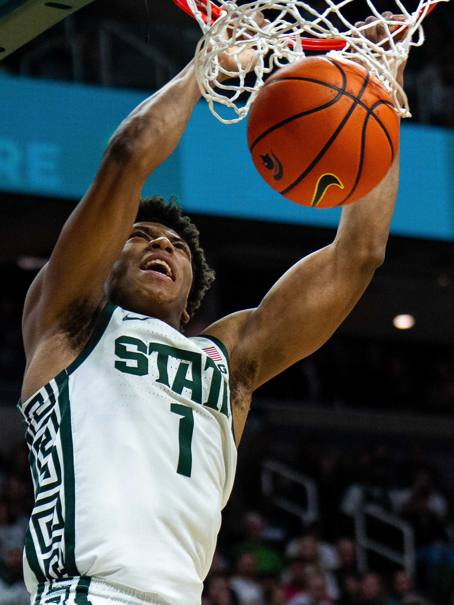 Michigan State Spartans guard Jeremy Fears Jr. (1) dunks during an NCAA Division I basketball game between Michigan State and Indiana at the Breslin Center in East Lansing, Michigan, on Tuesday, Jan. 13, 2026.