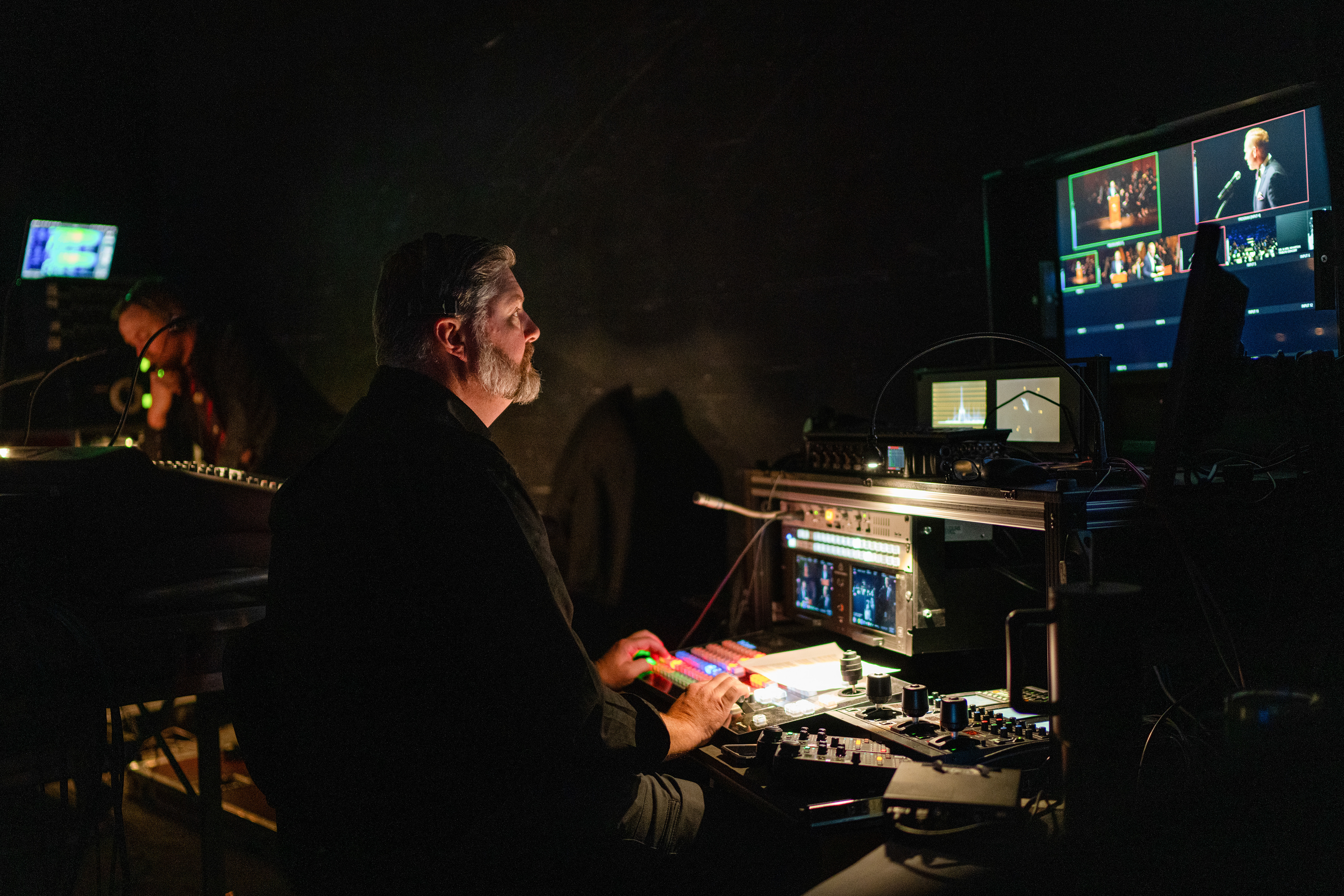 WKAR Public Broadcasting Engineer switches the broadcast during the Dr. and Mrs. Wharton Tribute Concert in Cobb Great Hall at Michigan State University’s Wharton Center for Performing Arts on Sunday, Sept. 14, 2025. The event honored Clifton and Dolores Wharton the day after what would have been Clifton’s 99th birthday. The program featured guest artists including Broadway star Norm Lewis, the Aaron Diehl Trio, choreographer Jessica Lang, MSU faculty member Carmen Bradford, and the MSU Symphony Orchestra—reflecting the Whartons’ lifelong love for the arts. As the first Black president of a major U.S. research university, Clifton Wharton was instrumental, alongside Dolores, in founding the Wharton Center, a world-class performing arts venue at MSU that the Wharton's built in September of 1982.  