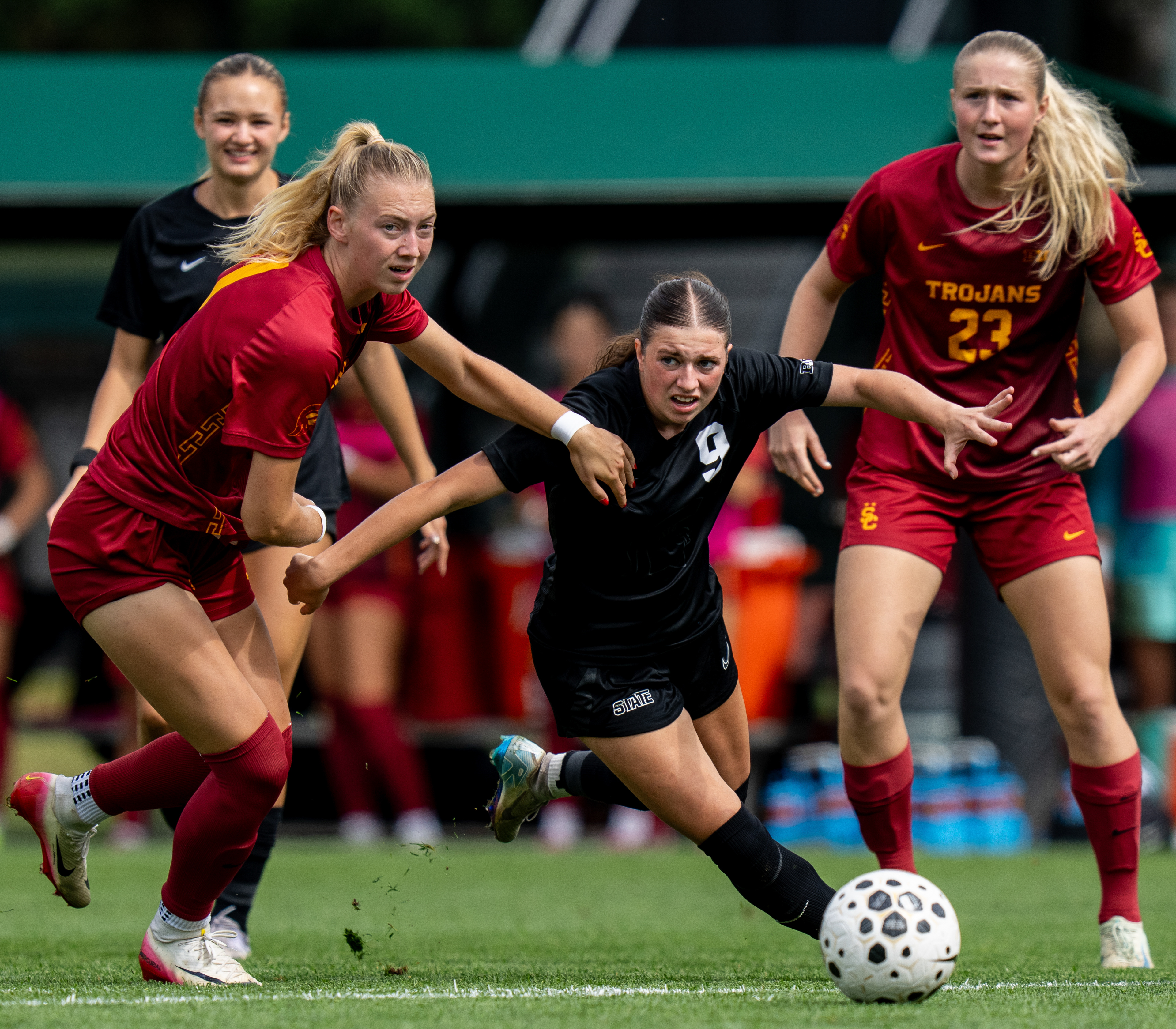 MSU midfielder, Kayla Briggs (9) strides down the field during the MSU versus USC Women's Soccer game at Michigan State Universities DeMartin Soccer Stadium, in East Lansing, Michigan, on Sunday, Sept. 21, 2025. 