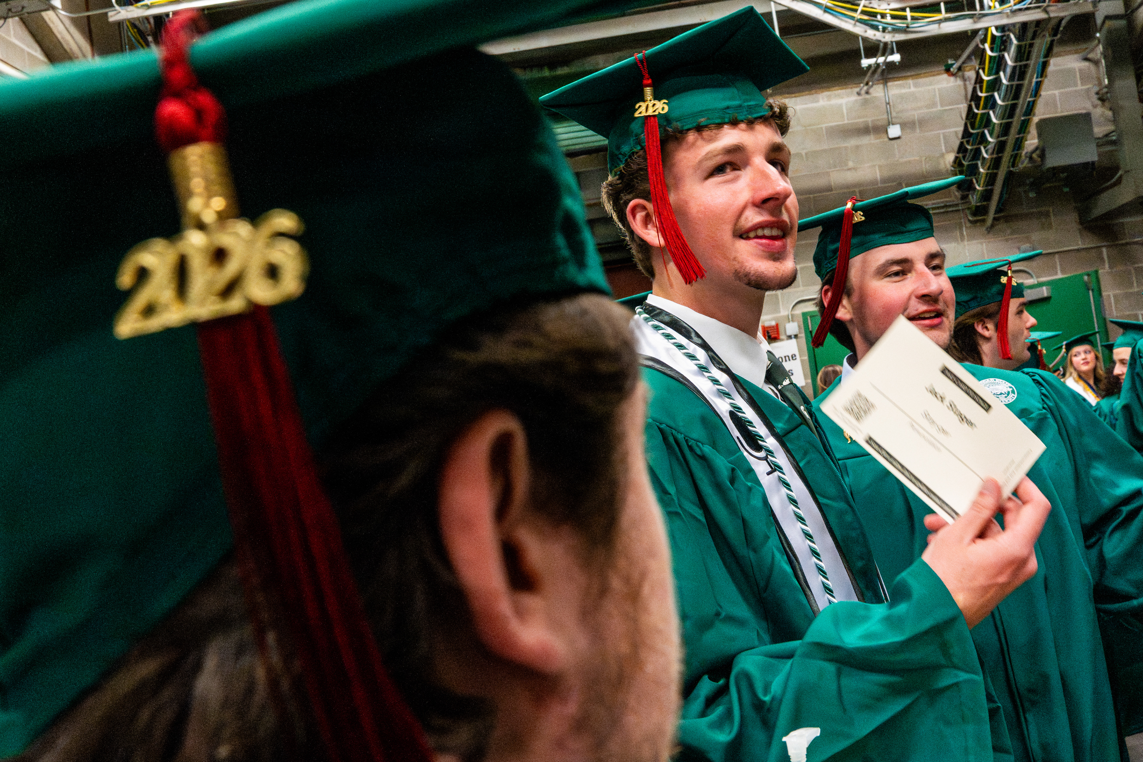 Jack Stuger, a Michigan State University graduate, waits before the College of Communication Arts and Sciences graduation ceremony at the Breslin Student Events Center on Michigan State University’s campus in East Lansing, Mich., on Friday, May 1, 2026.