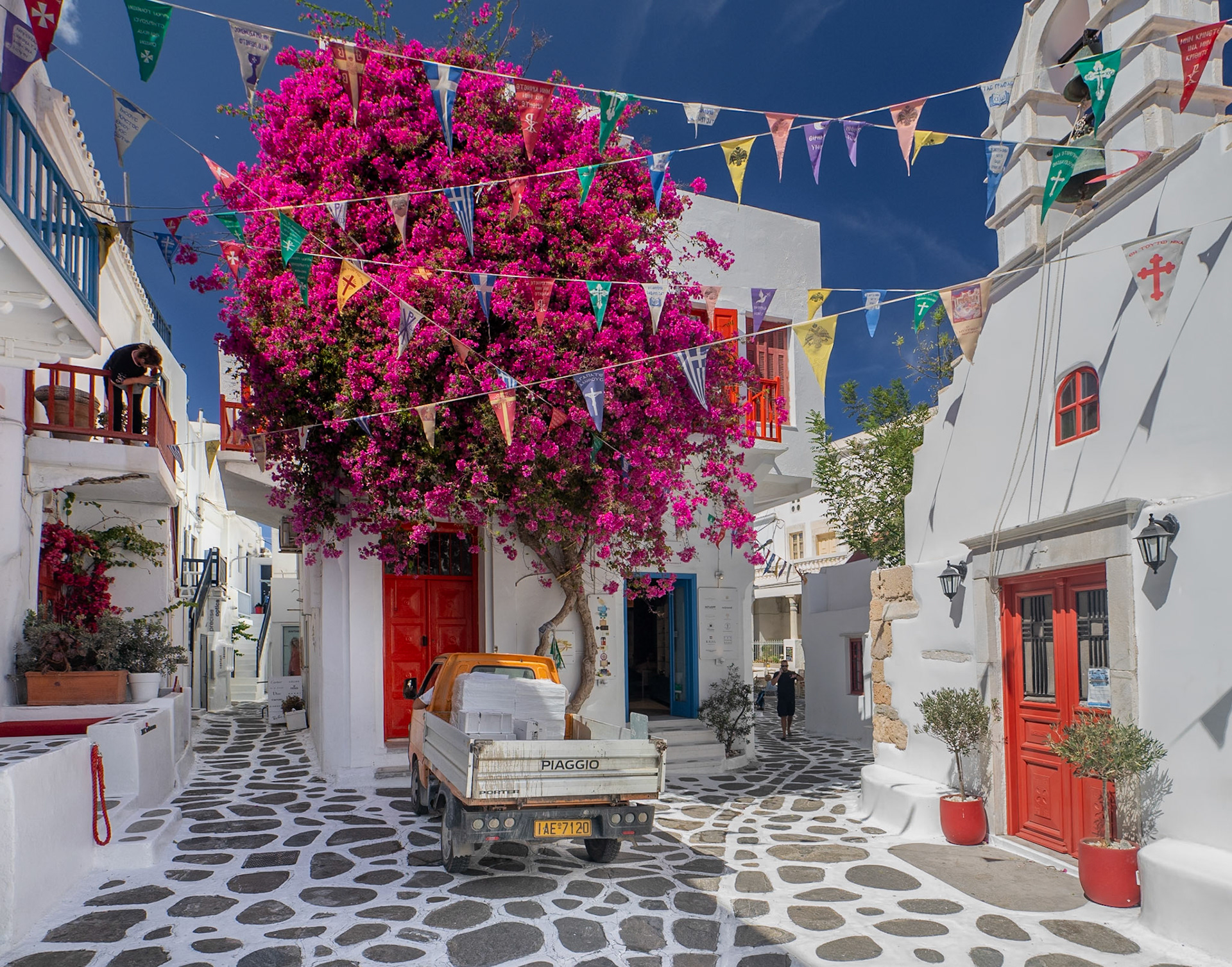 Mykonos, Greece-Pink Tree in Courtyard