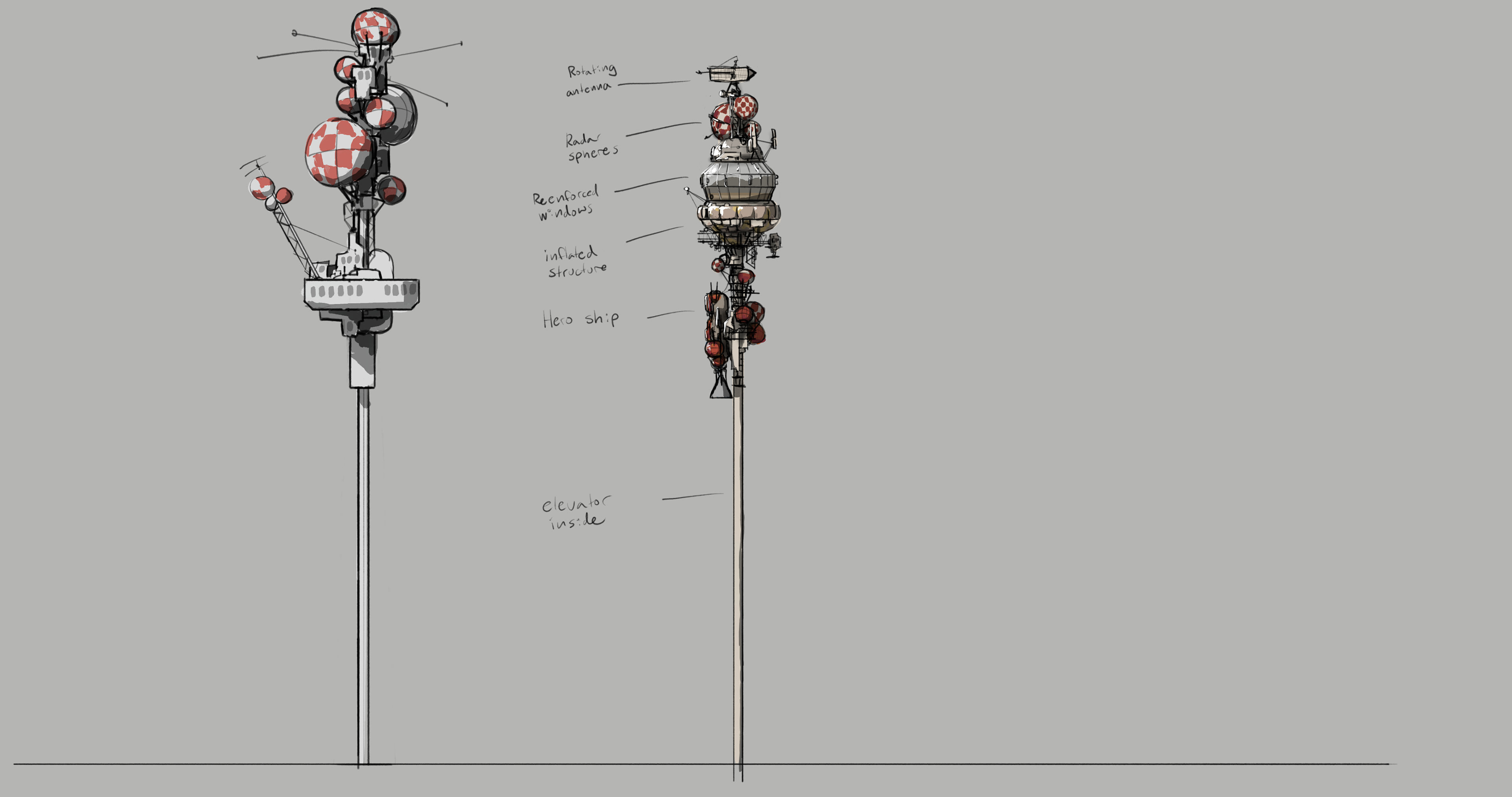 Space port control tower concept sketches
