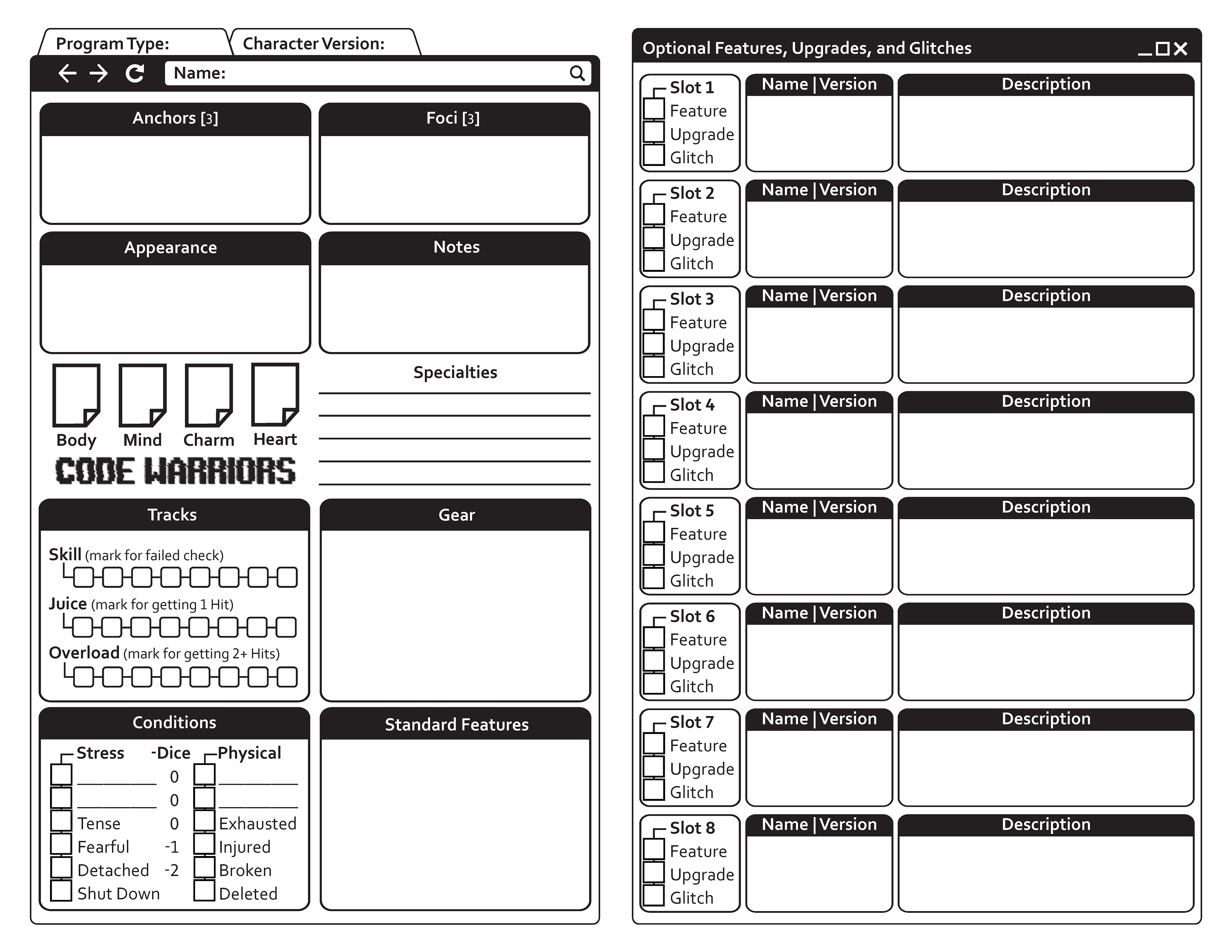 Code Warriors Character Sheet - Printer Friendly