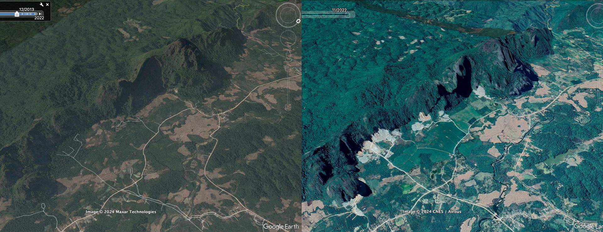 Mining degradation of limestone karst formations in Vang Vieng.