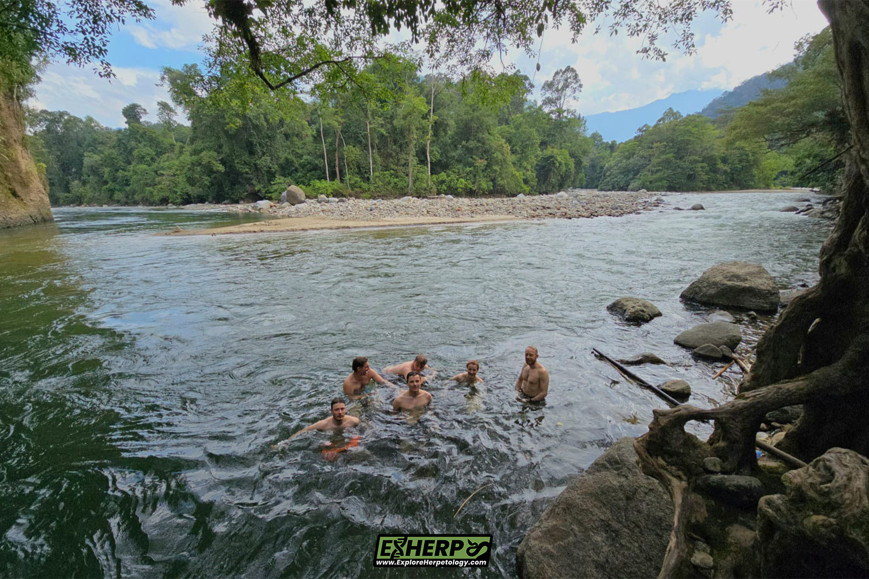 Swimming in the river beside our guesthouse.