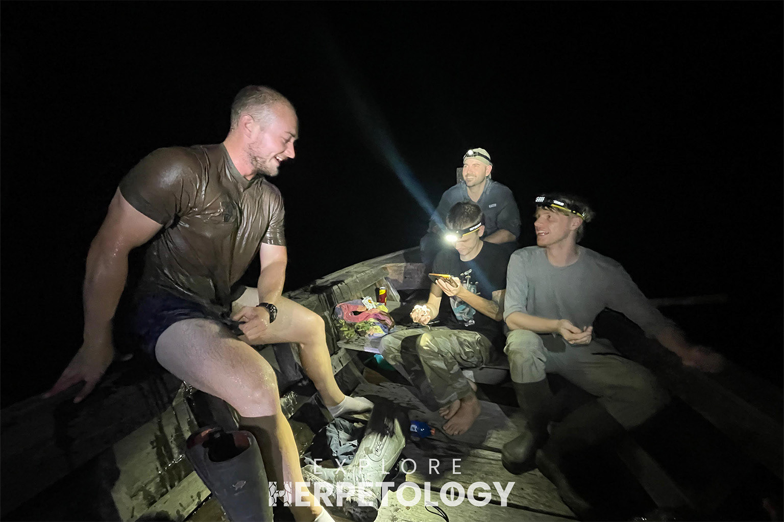 Magnus after climbing back onto the boat with our first Acrochordus.