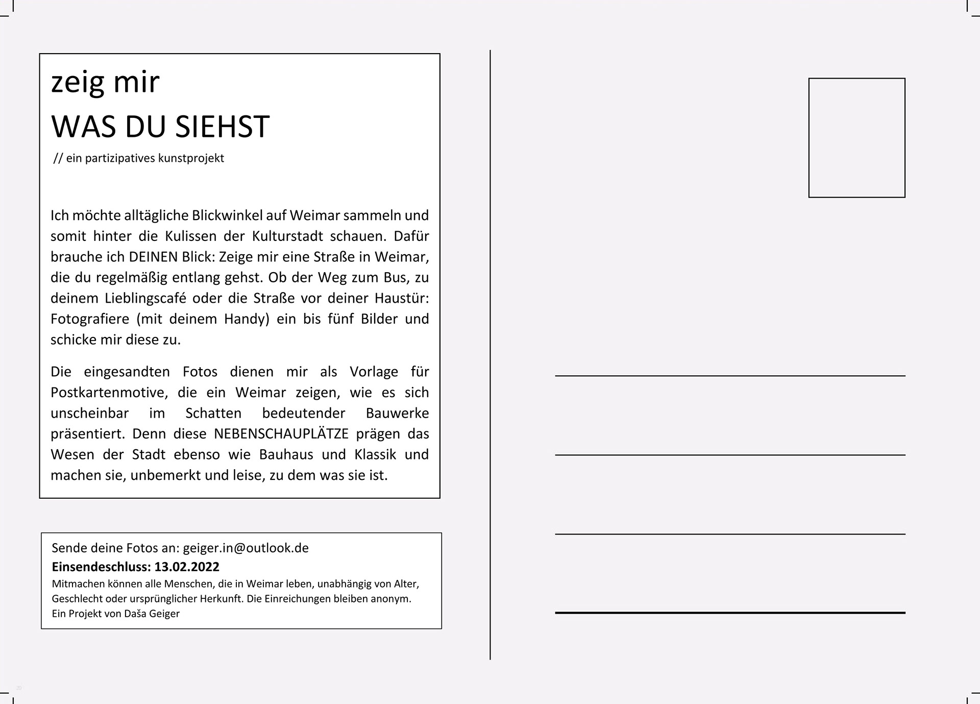 Das Projekt ist fortlaufend und Fotografien können weiterhin eingesandt werden. Die Postkarten werden in Chargen zu jeweils 15 Motiven sortiert. Die Einzelnen Motive sind nummeriert und können in einem Set von 5 Stück für einen Unkostenbeitrag von 3€ plus Versandkosten erworben werden. Anfragen dafür bitte über das Kontaktformular. Du möchtest mitmachen? Dann schicke mir ein Foto (ein einfaches Bild mit dem Handy reicht aus!) von "deiner" Straße und schicke es an: geiger.in@outlook.d