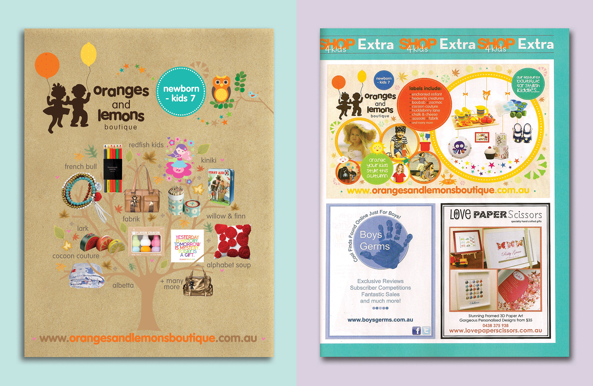 ORANGES & LEMONS BOUTIQUE | Full & quarter page ads in SHOP 4 KIDS mag |