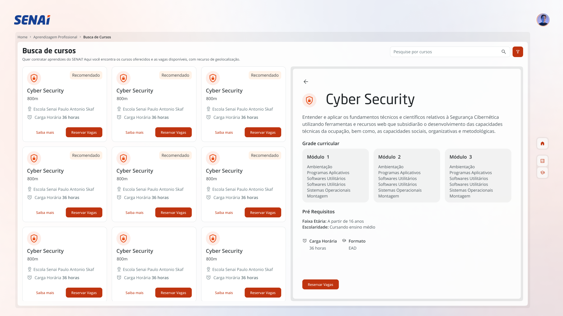 Tela de descrição dos cursos
