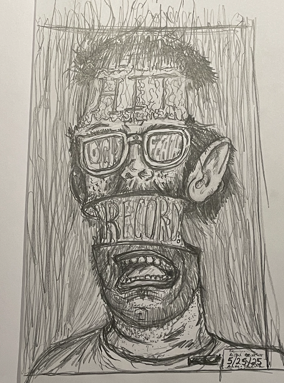 Original Pencil Sketch with a mains head exploding with words hit and record inside the exposed parts of the head.