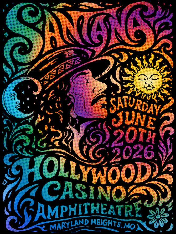 Psychedelic rock poster artwork by Jerm Carrus (@jermsdrawings) inspired by the iconic San Francisco Fillmore concert posters of the 1960s. The design features a stylized profile portrait of Carlos Santana surrounded by flowing organic shapes, hand-drawn typography, a smiling sun, and a crescent moon. Bright rainbow gradients of orange, pink, purple, blue, green, and yellow create a vibrant psychedelic effect. The poster includes the concert details: Santana, Saturday June 20th, 2026, Hollywood Casino Amphitheatre, Maryland Heights, Missouri.