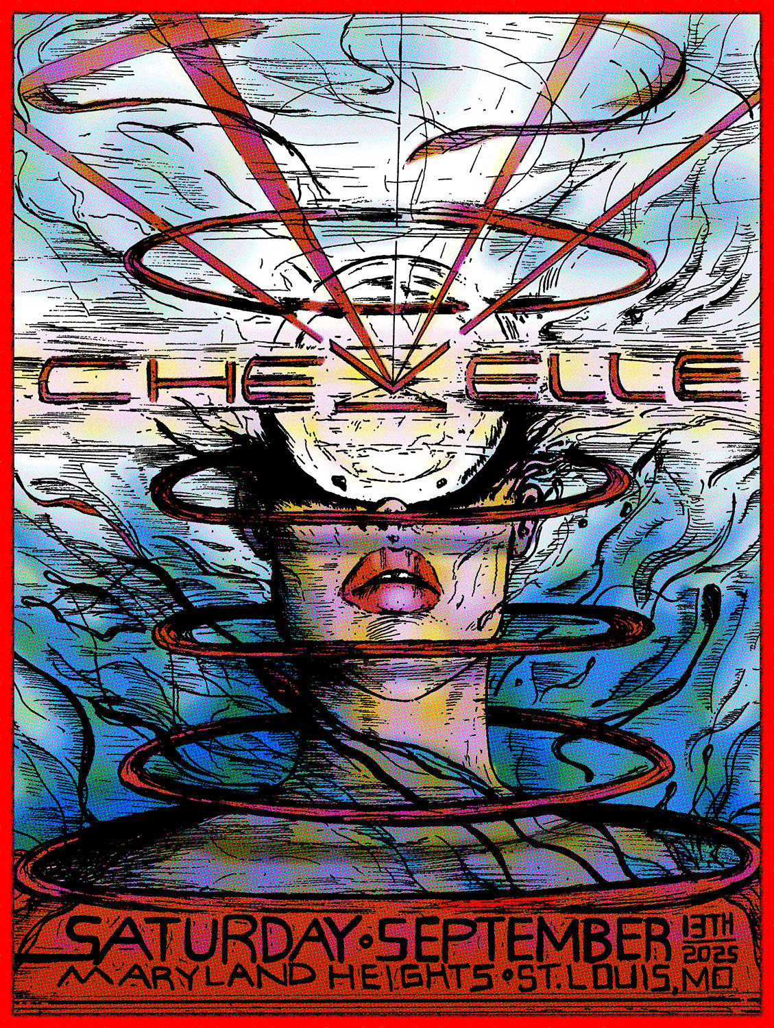 Chevelle concert poster illustrated by Jerm Carrus featuring a fragmented surreal face with red concentric rings and laser beams radiating from a central point above Maryland Heights in St. Louis, Missouri (September 13, 2025)