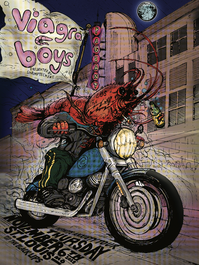 Viagra Boys concert poster illustrated by Jerm Carrus featuring a giant shrimp riding a motorcycle outside The Pageant in St. Louis, Missouri (2025)